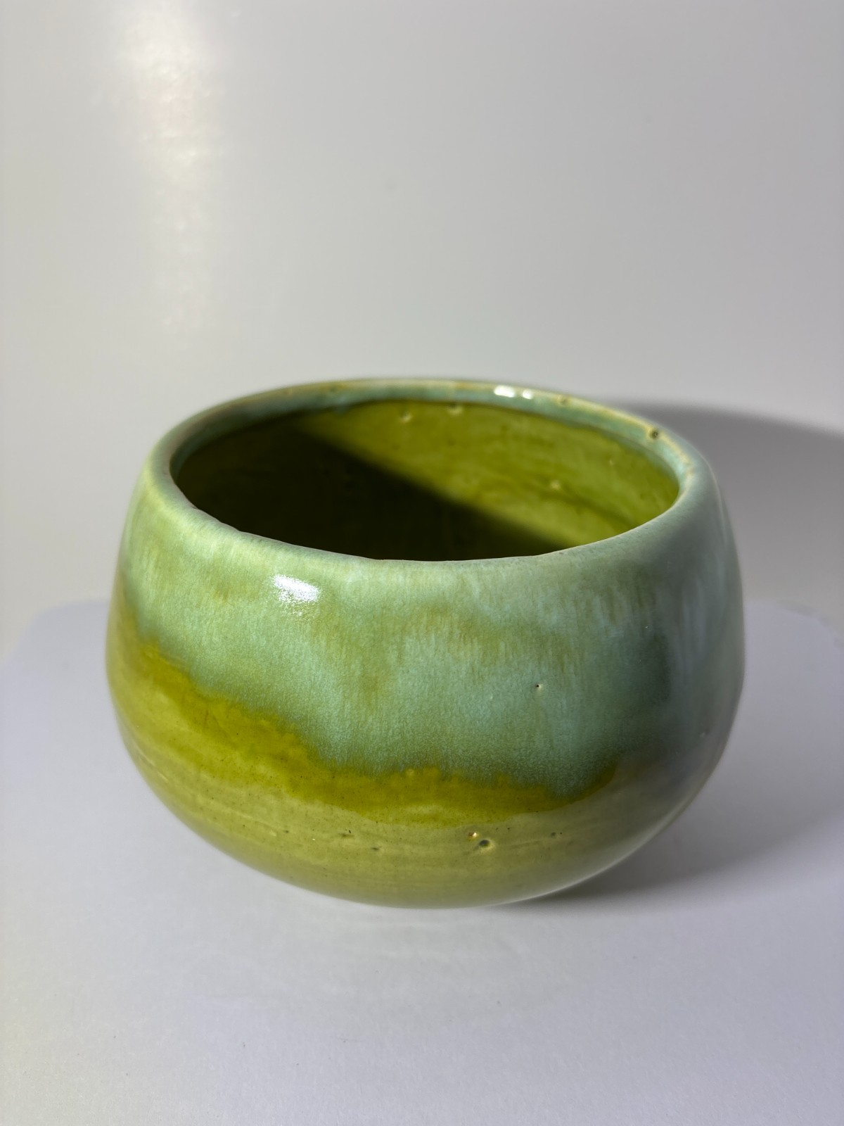 Vintage MCM California Pottery Bowl Green Drip Glaze Calif USA Stamped J-2