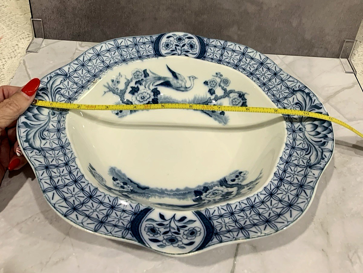 Antique Johnson Bros MONGOLIA Gray Blue Transferware Oval Covered Serving Bowl