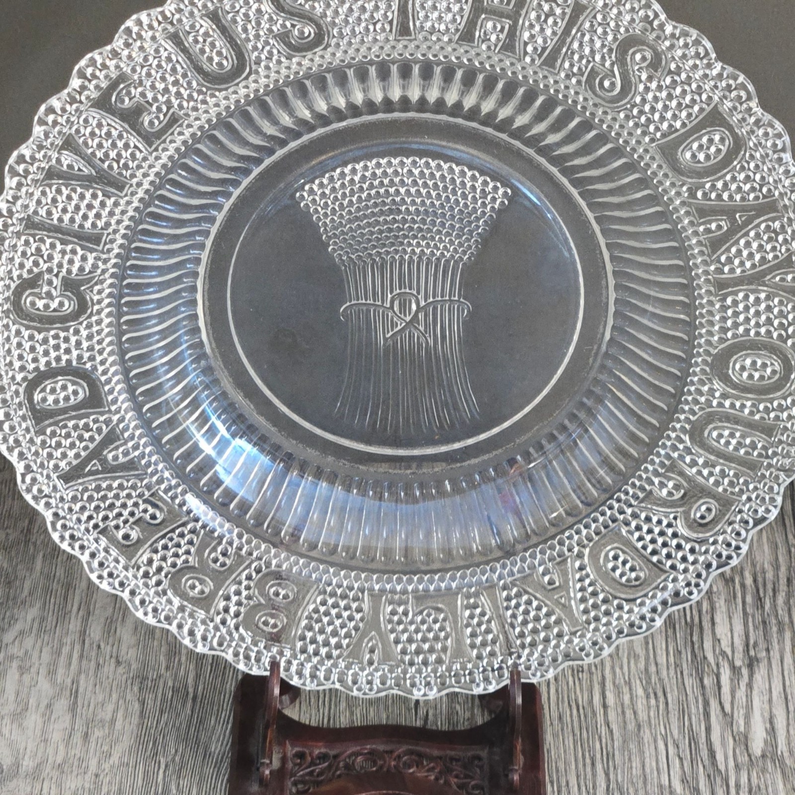 Antique EAPG Bread Plate Give Us This Day Our Daily Bread Glass Decor Religious