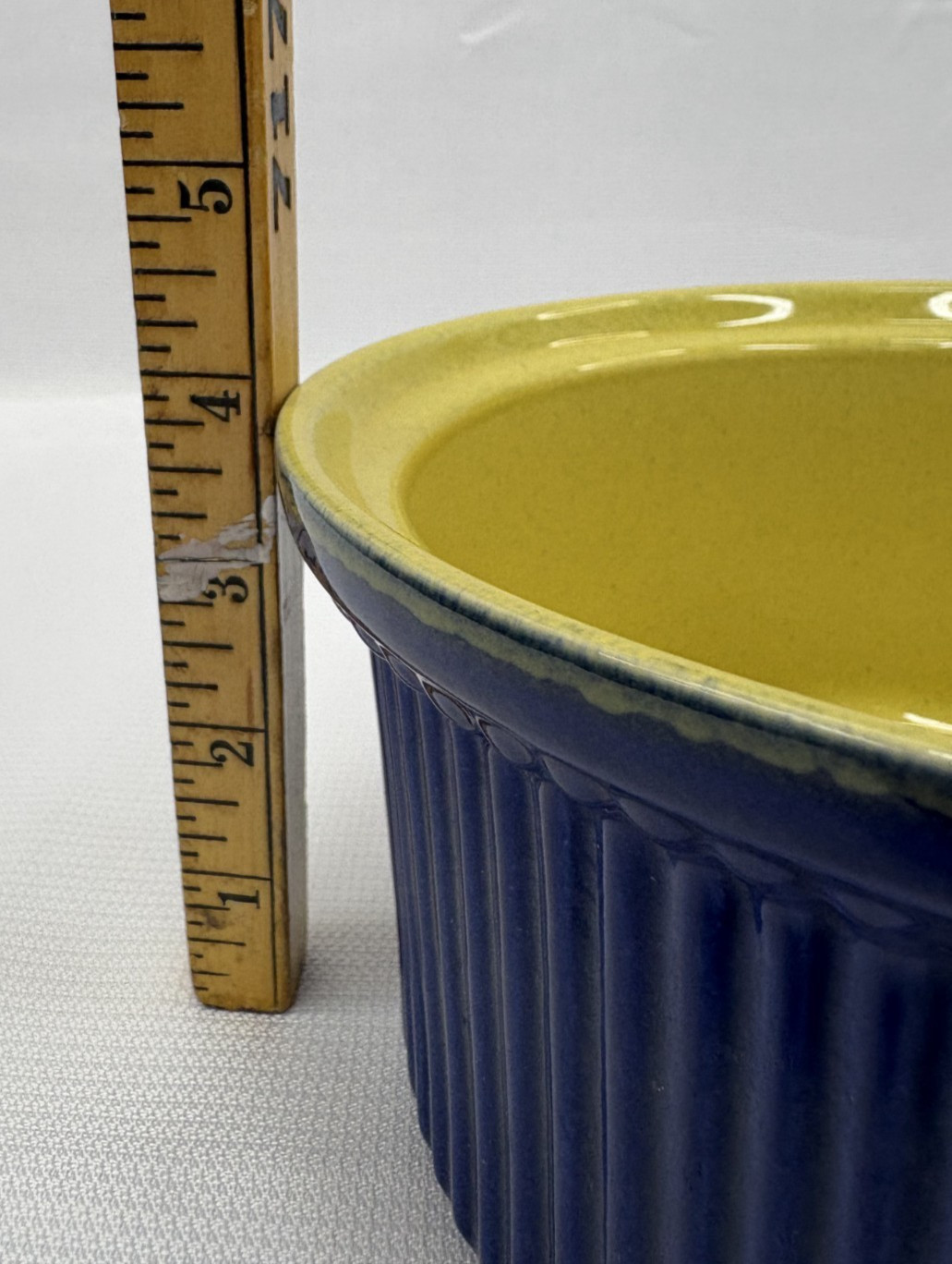 Dansk Soufflé / Casserole Dish Cobalt Blue & Yellow Ceramic Ribbed # 315