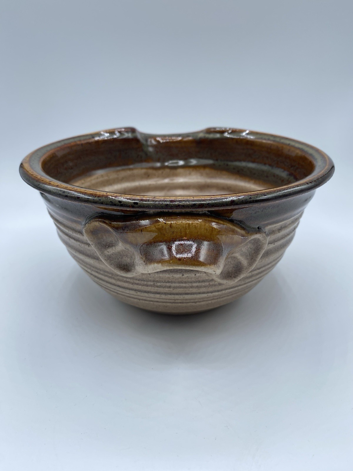 Studio Art Pottery Beige Brown Drip Glaze Ribbed Bowl w/Handle and Spout