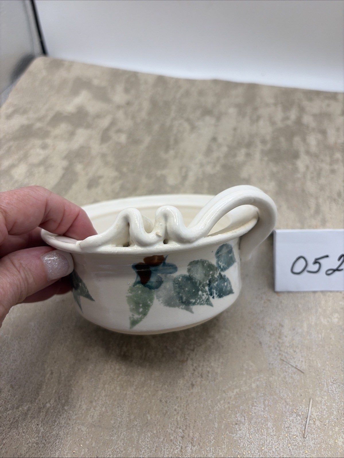 Handmade Studio Art Decor Trinket Dish Top Ribbon Design With Green & Blue Leaf