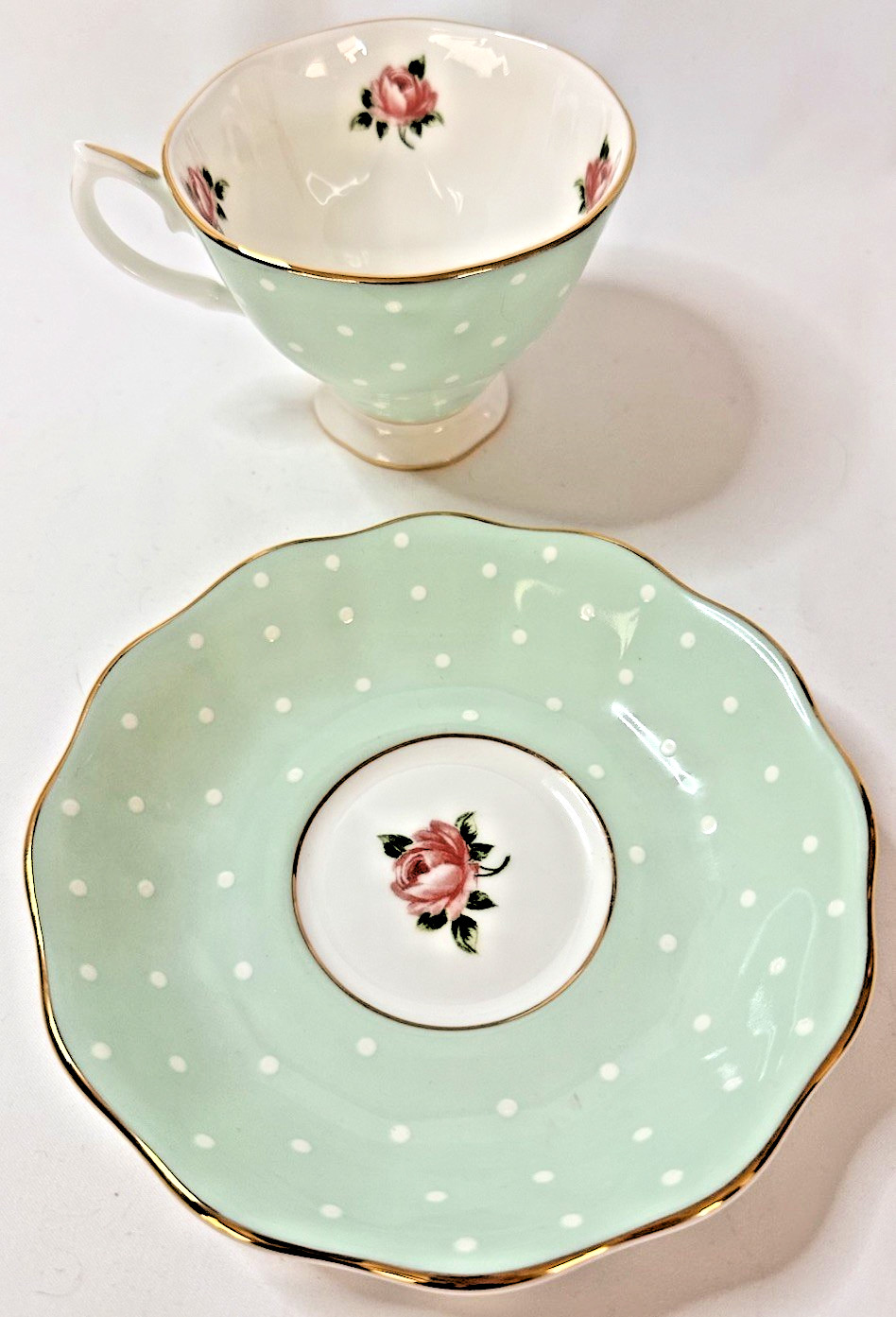Royal Albert Polka Rose Mint Green Teacup & Saucer Bone China England