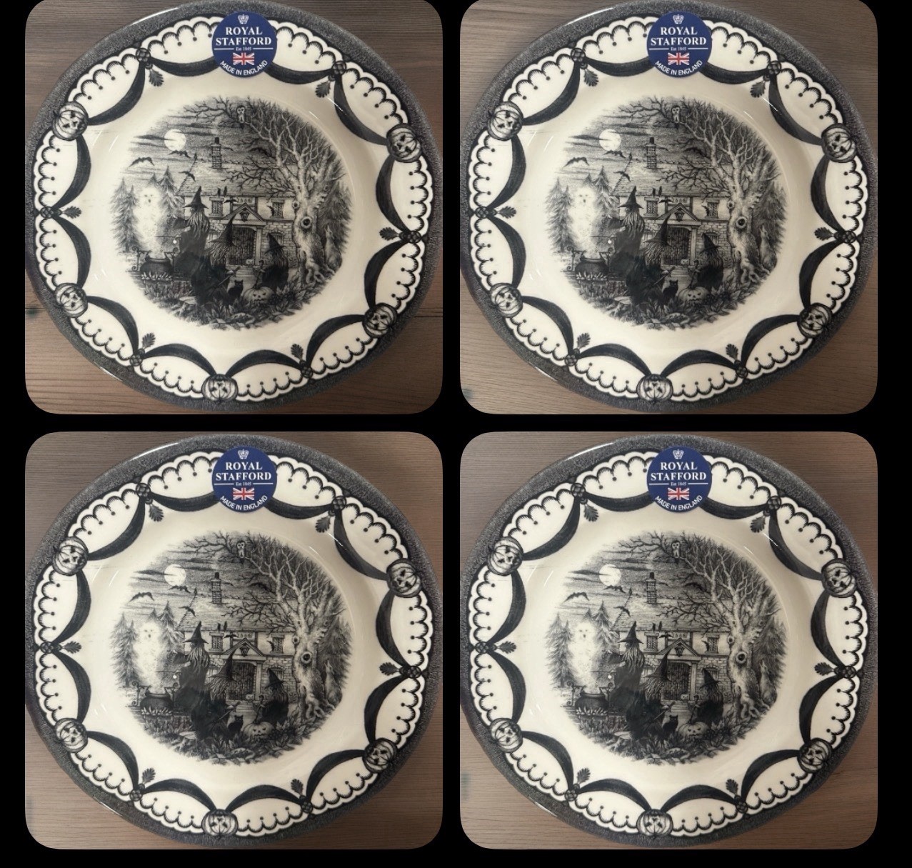 Royal Stafford Halloween The Witches Coven w/ Cat 11″ Set-4 Dinner Plates NEW