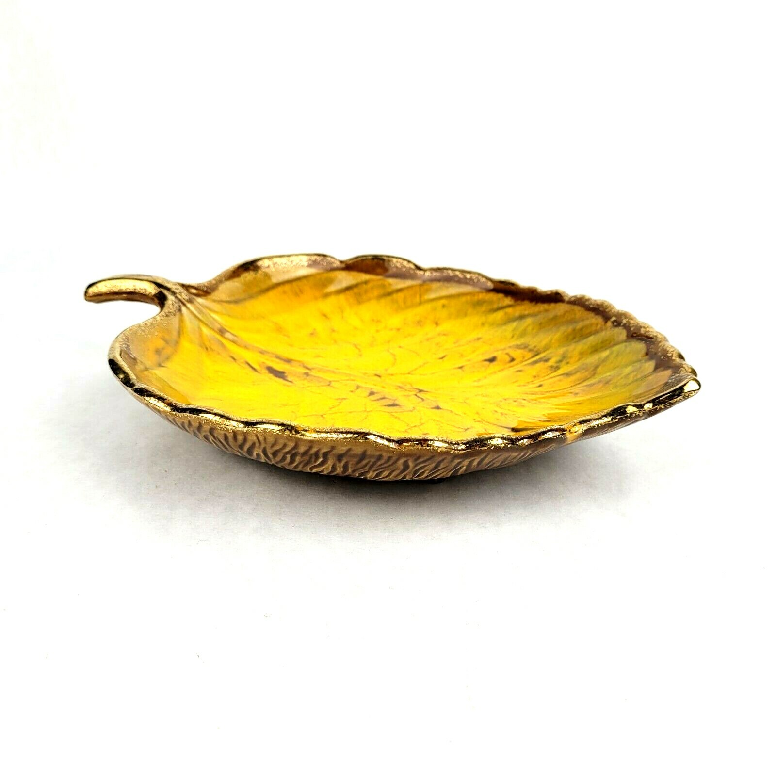 California Pottery Yellow Leaf Dish no 872 Brown Glaze Gold Rim USA Made