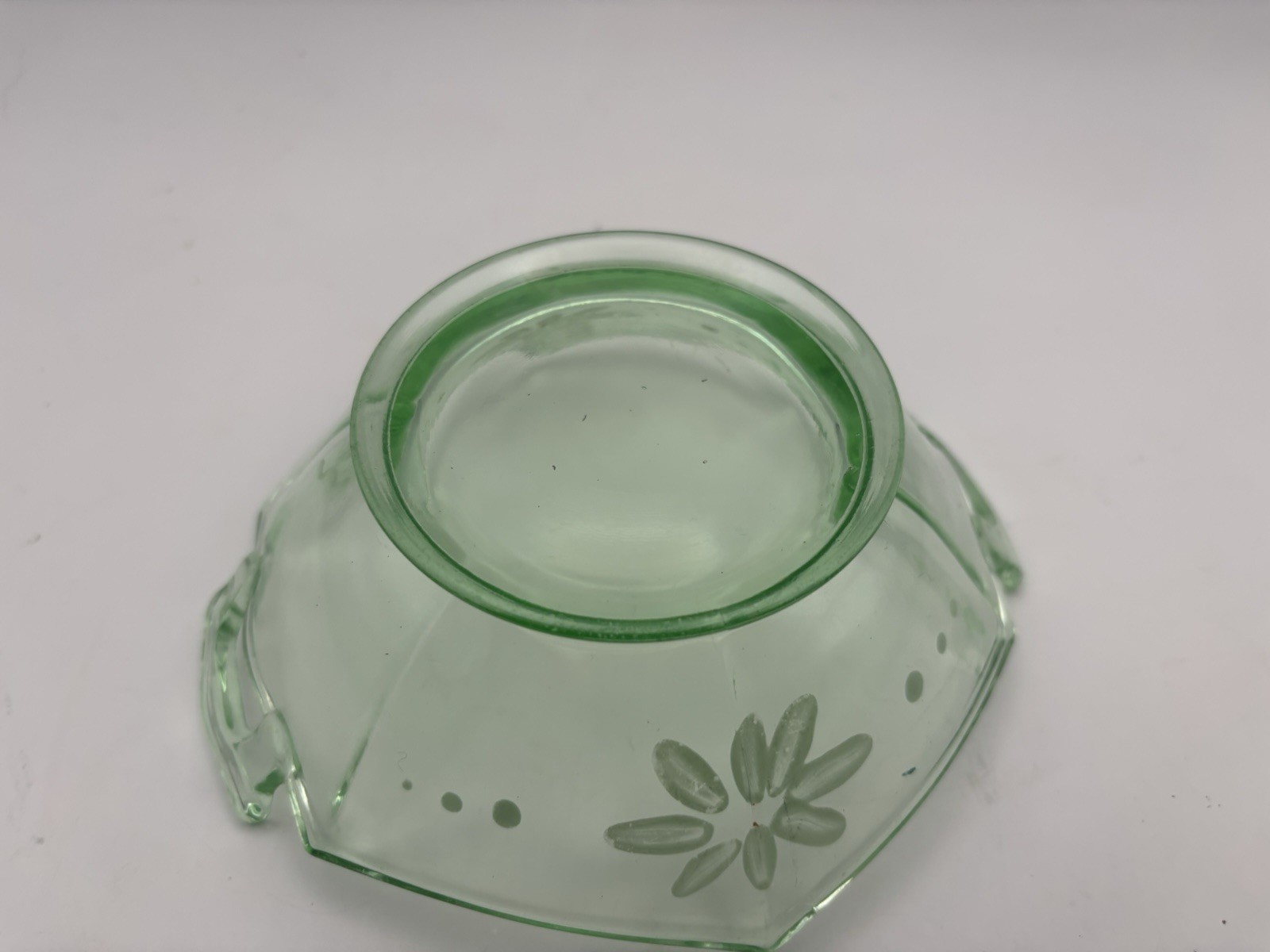 Art Deco Vintage Elegant Uranium Glass Hexagon Handled Bowl Hand painted 6”