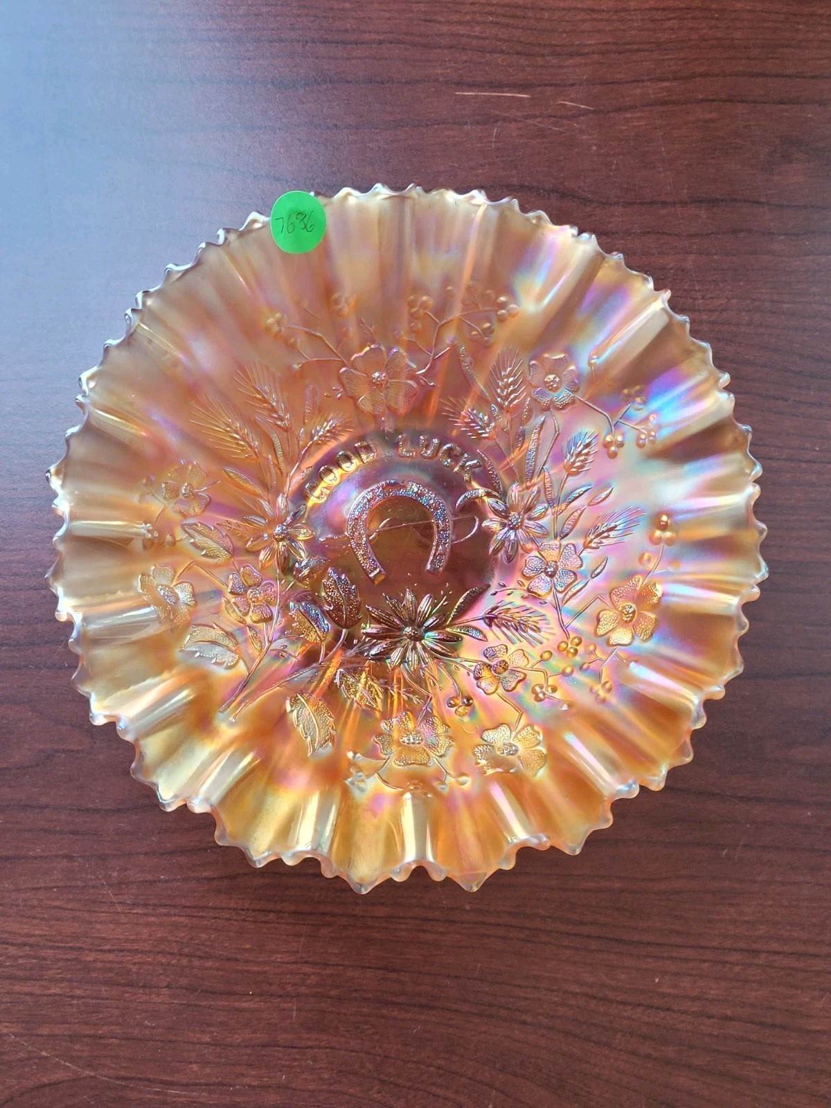 Nice Marigold Northwood Carnival Glass Good Luck Pie Crust Edge Bowl