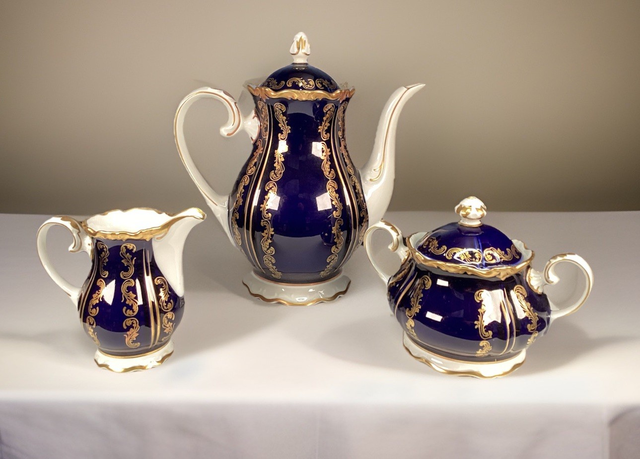VTG Reichenbach 8184k Echt Kobalt Blue Gold Scroll Coffe Pot, Sugar, Creamer