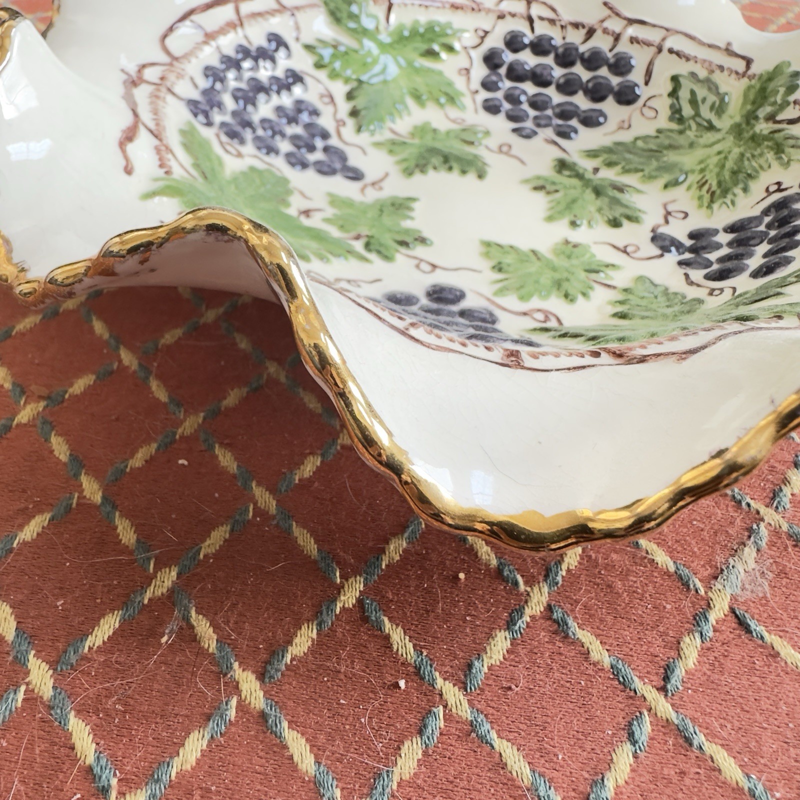 Hand Painted Ceramic Scalloped Border Gild Unique Grape Motif Collectable Dish