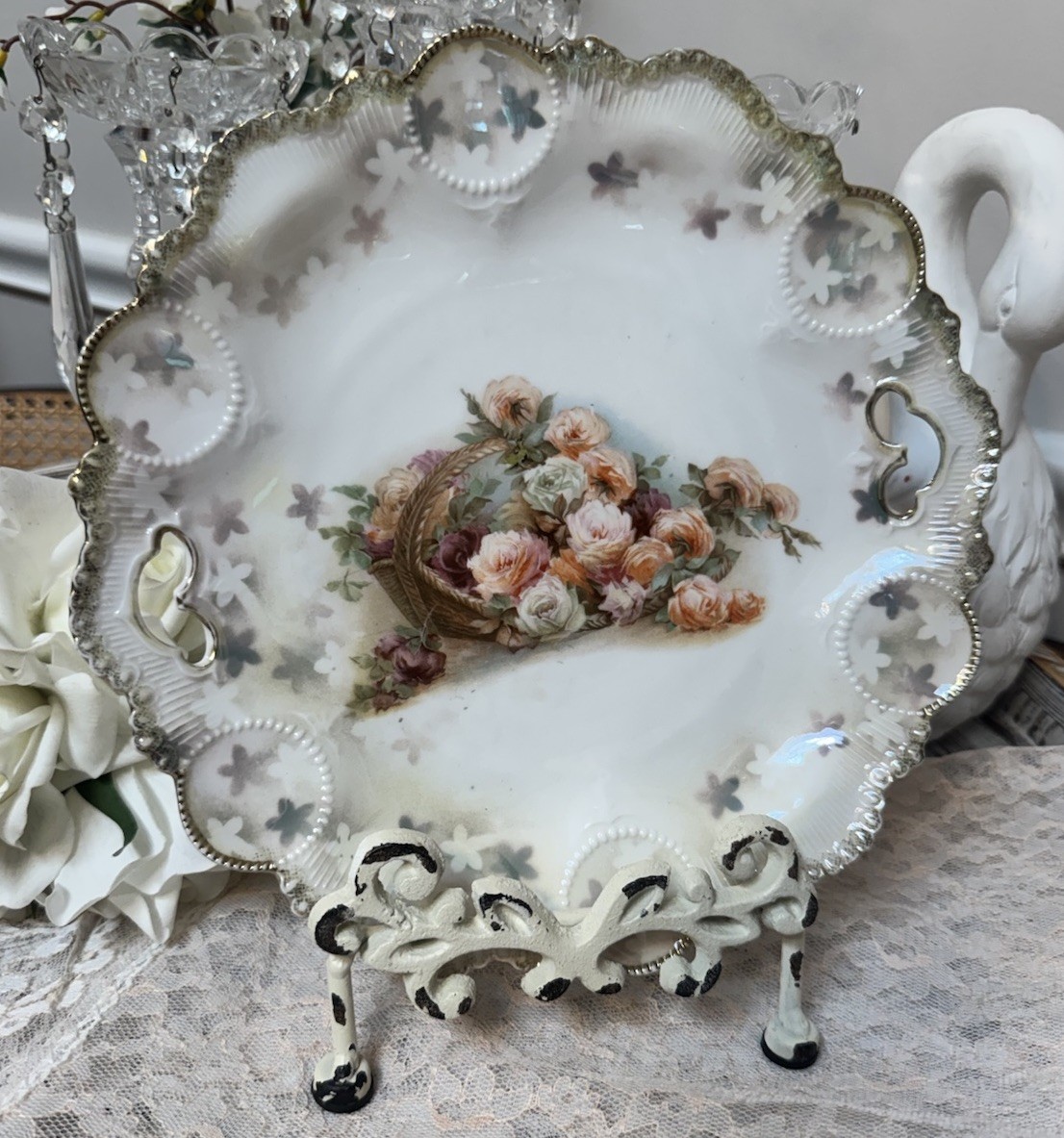 Antique RS Prussia Handled Cake Plate Basket of Roses Gold Gilt 9.5″ Red Mark
