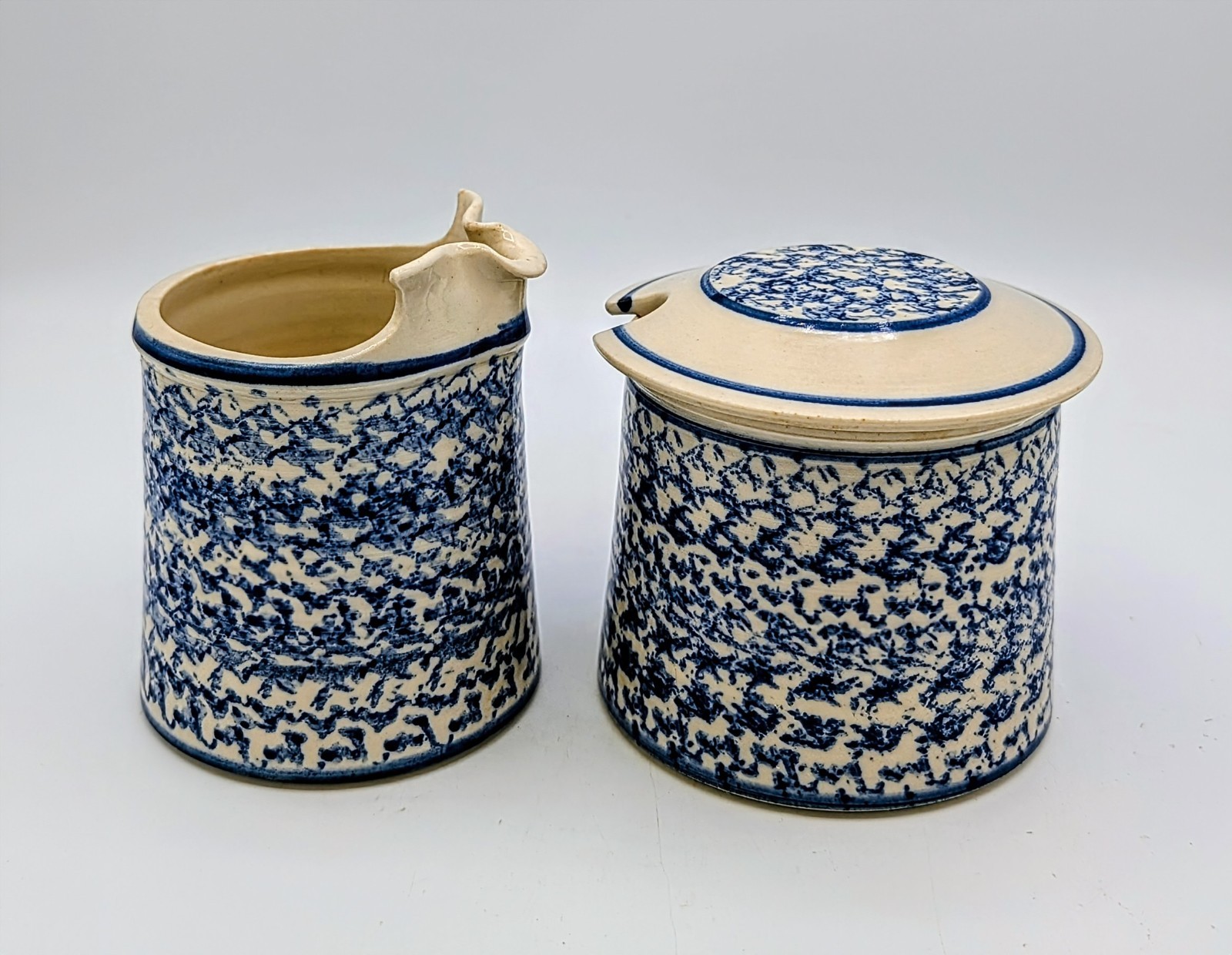 Signed Studio Pottery Blue Spongeware Creamer & Covered Sugar Bowl Stoneware