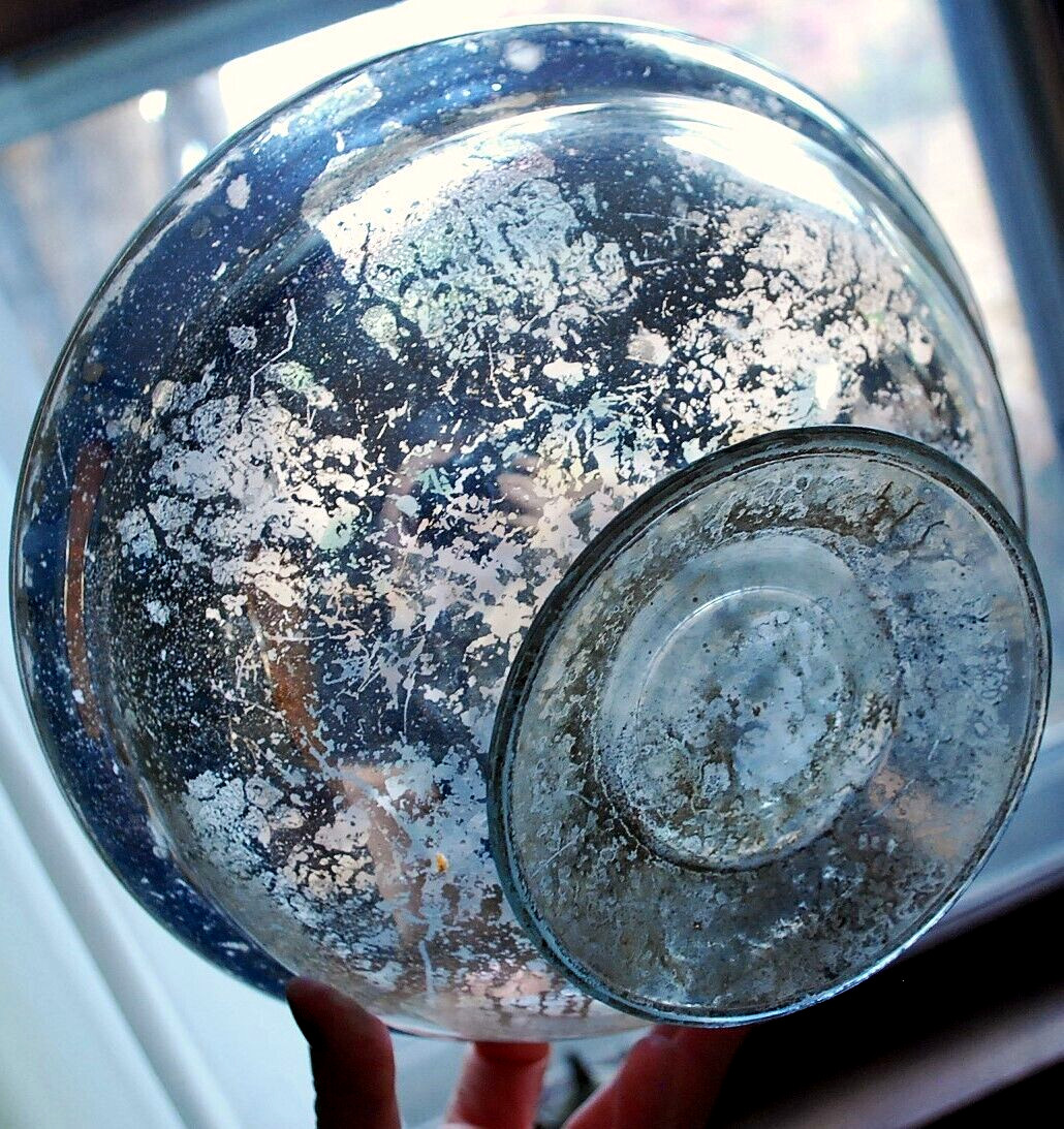 Antique Victorian SILVERED MERCURY GLASS BOWL Pedestal Base HAND BLOWN 9.25″