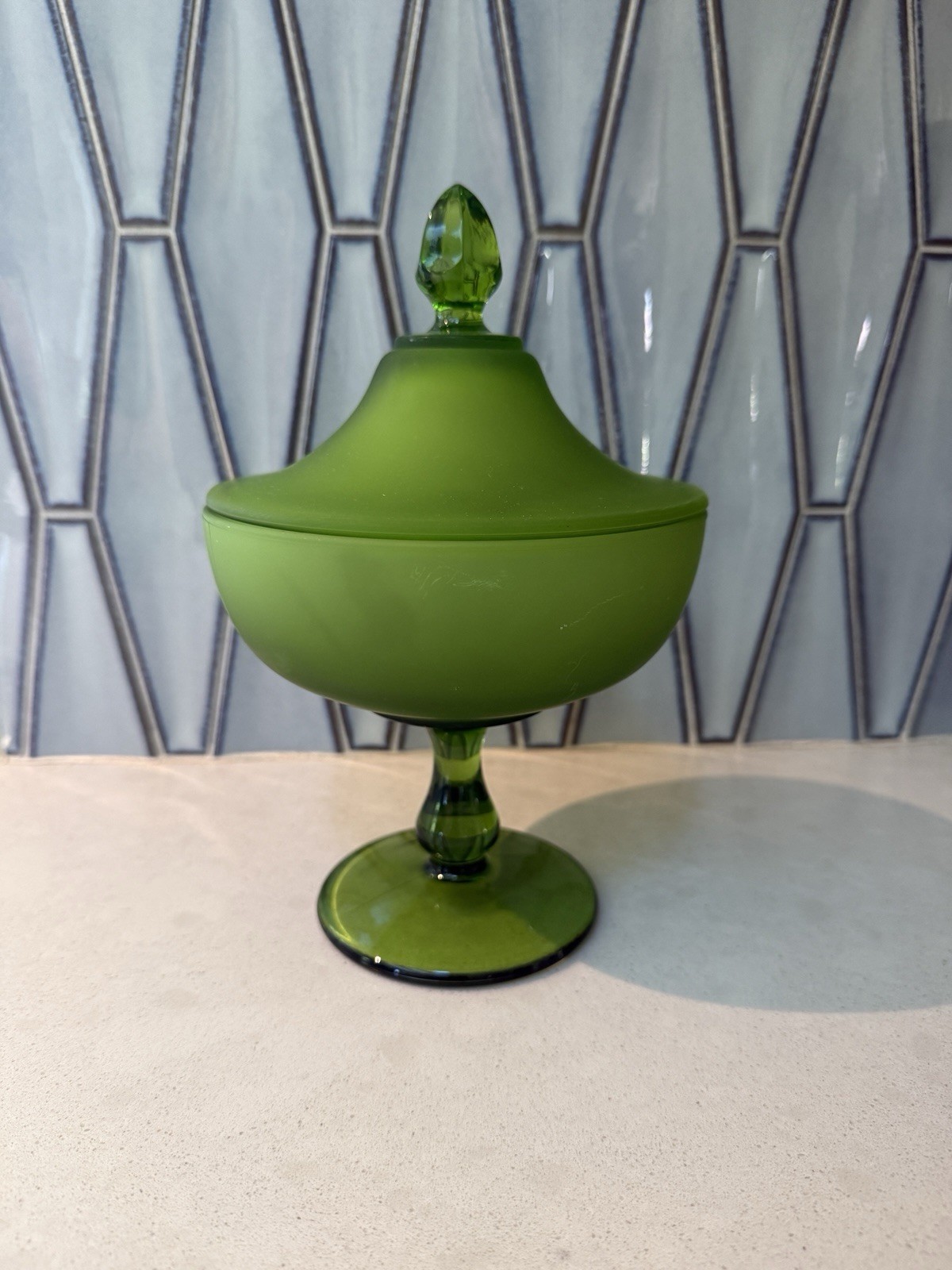 Westmoreland Olive Green Satin Glass Covered Candy Dish Pedestal Compote