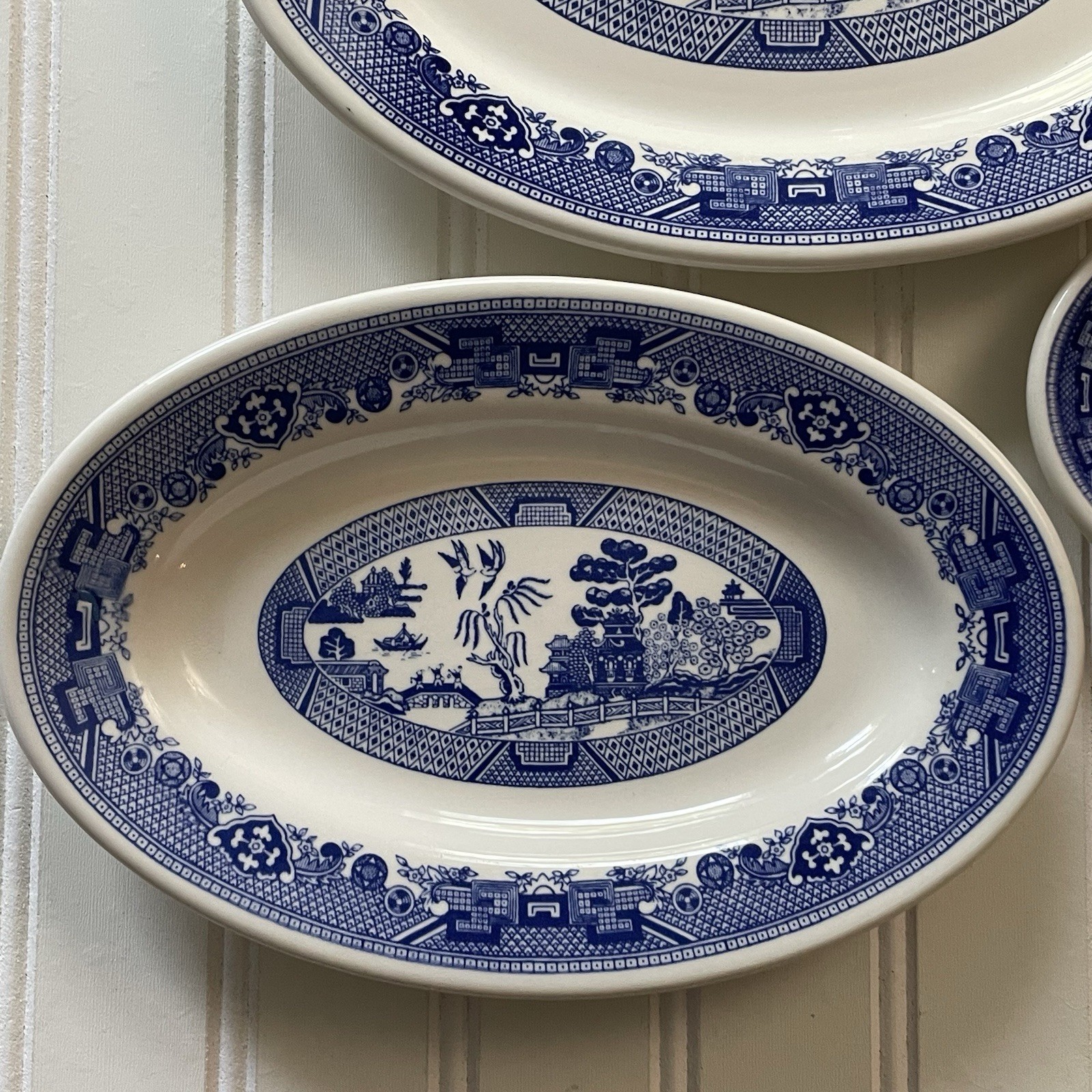 Vtg Buffalo China Blue Willow Restaurant Ware Oval Platter Set 3 Serving Plates