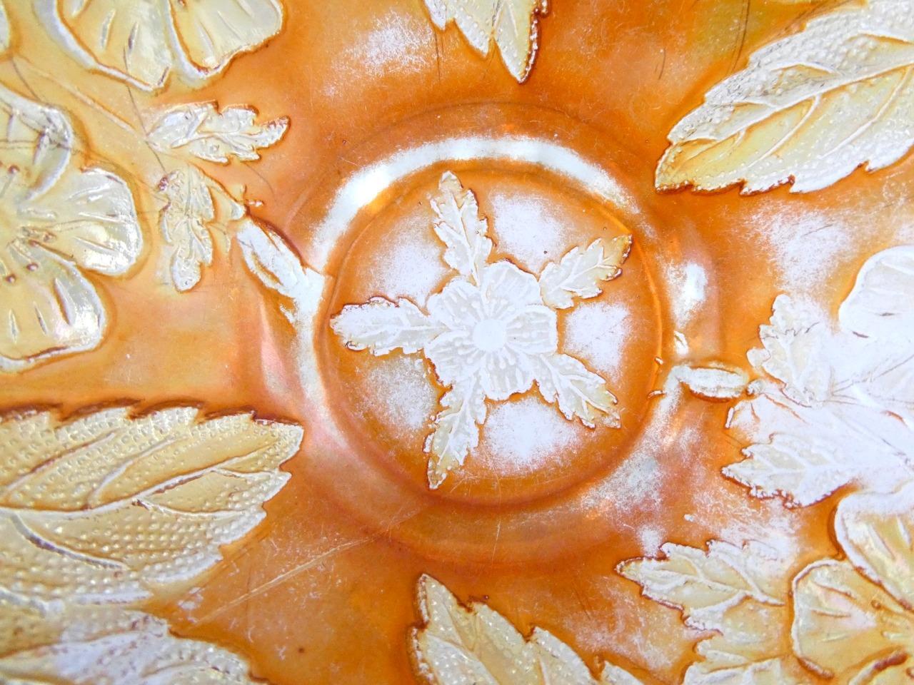 Vintage Dugan Dogwood Sprays Marigold Opalescent Carnival Glass Footed Bowl