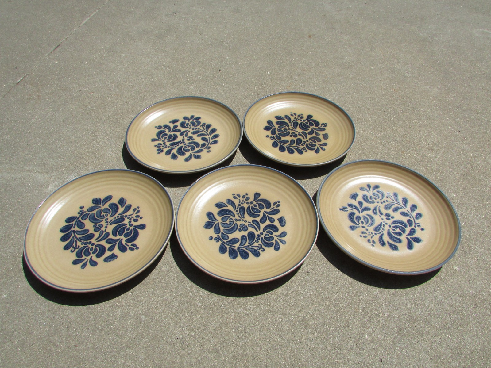 Pfaltzgraff Folk Art Stoneware Tan Blue Vintage 10″ Dinner Plates Set Of 5