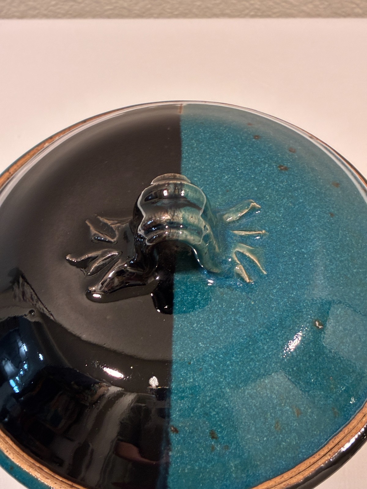 LIDDED POTTERY BOWL Turquoise/Black Handmade Round Color Block Glaze Handle Lid
