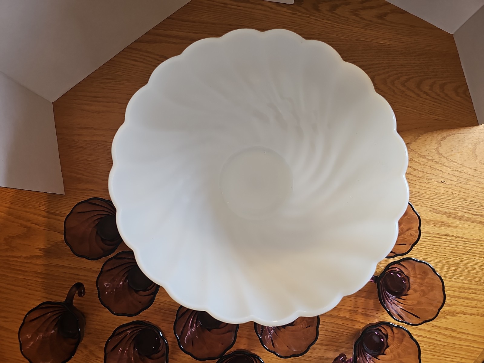Amethyst & White Milk Glass Swirl Punch Bowl & Stand 10 Amethyst Cups