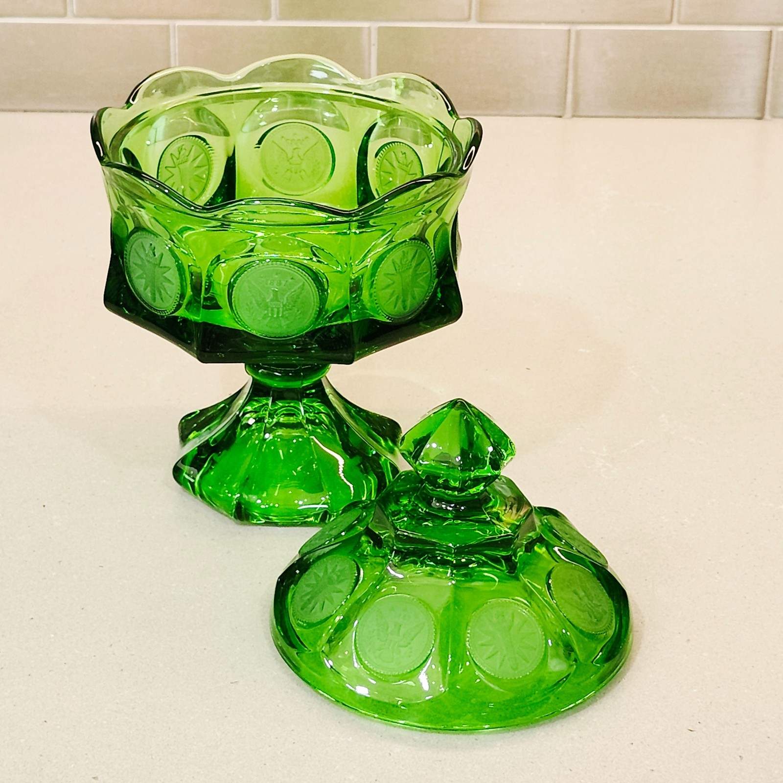 Vintage Fostoria Emerald Green Coin Glass 8.5” Tall Pedestal Covered Candy Dish