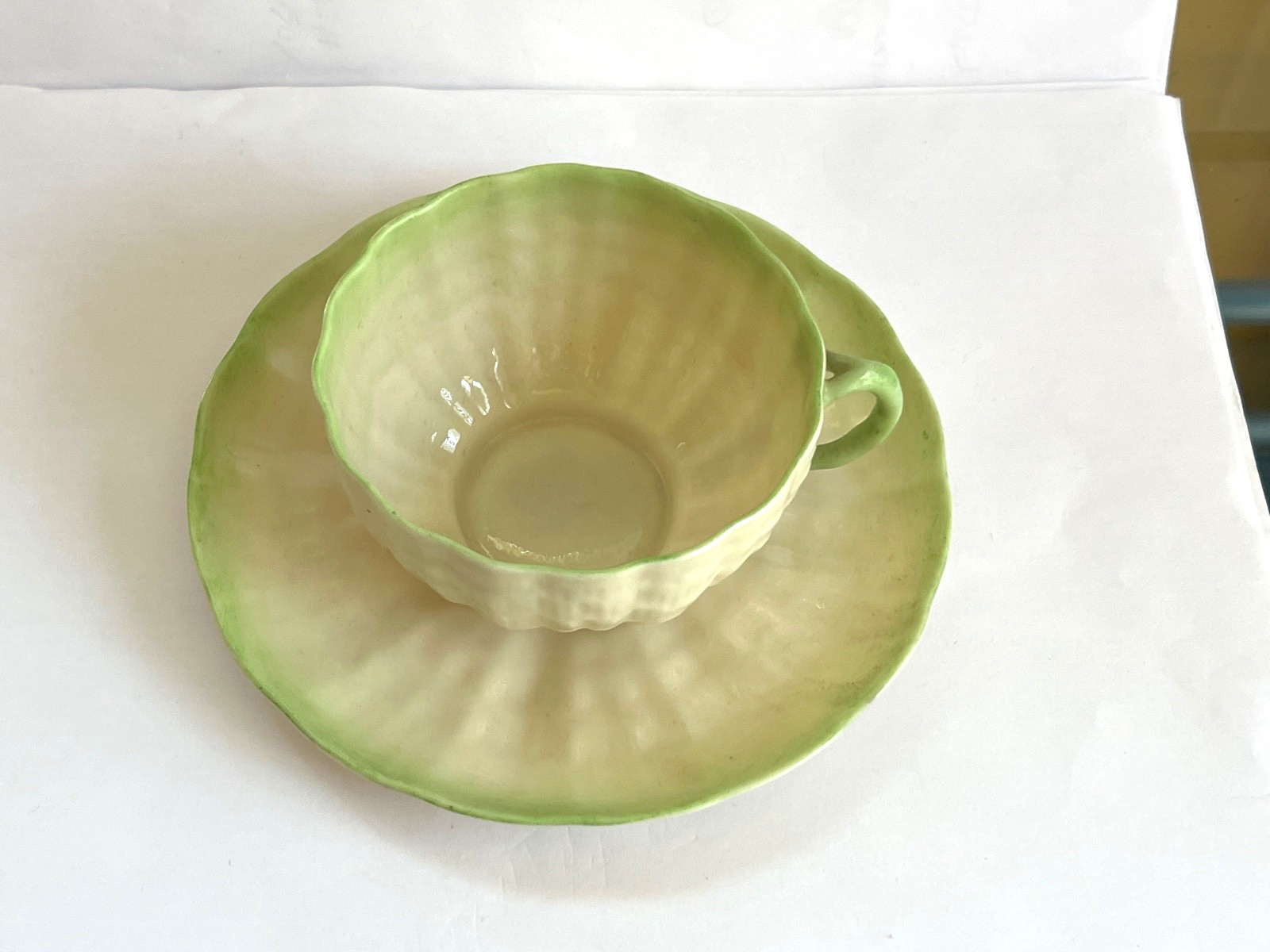 IRISH BELLEEK Green Tint TRIDACNA Cup & Saucer – 3rd Black Mark (1926-1946)