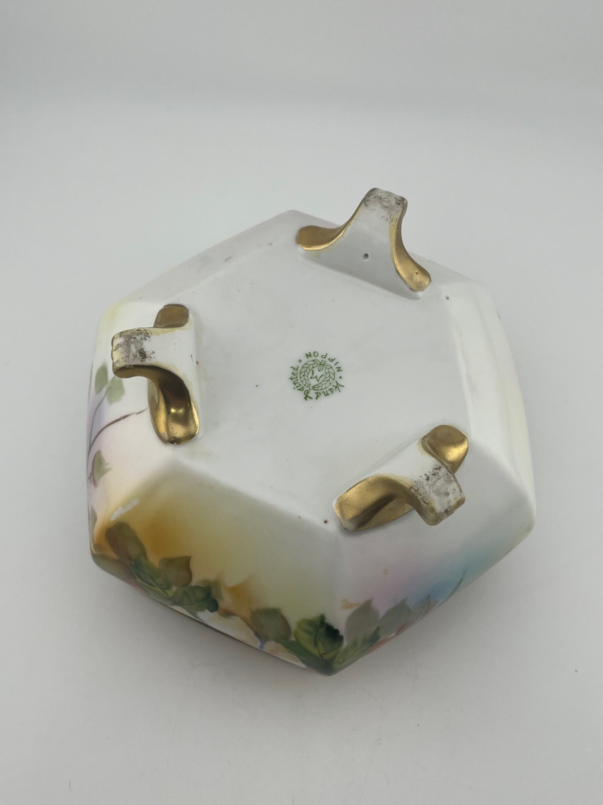 Antique Nippon Hand Painted Footed Bowl Floral Gold Trim Hexagon Pre-1921