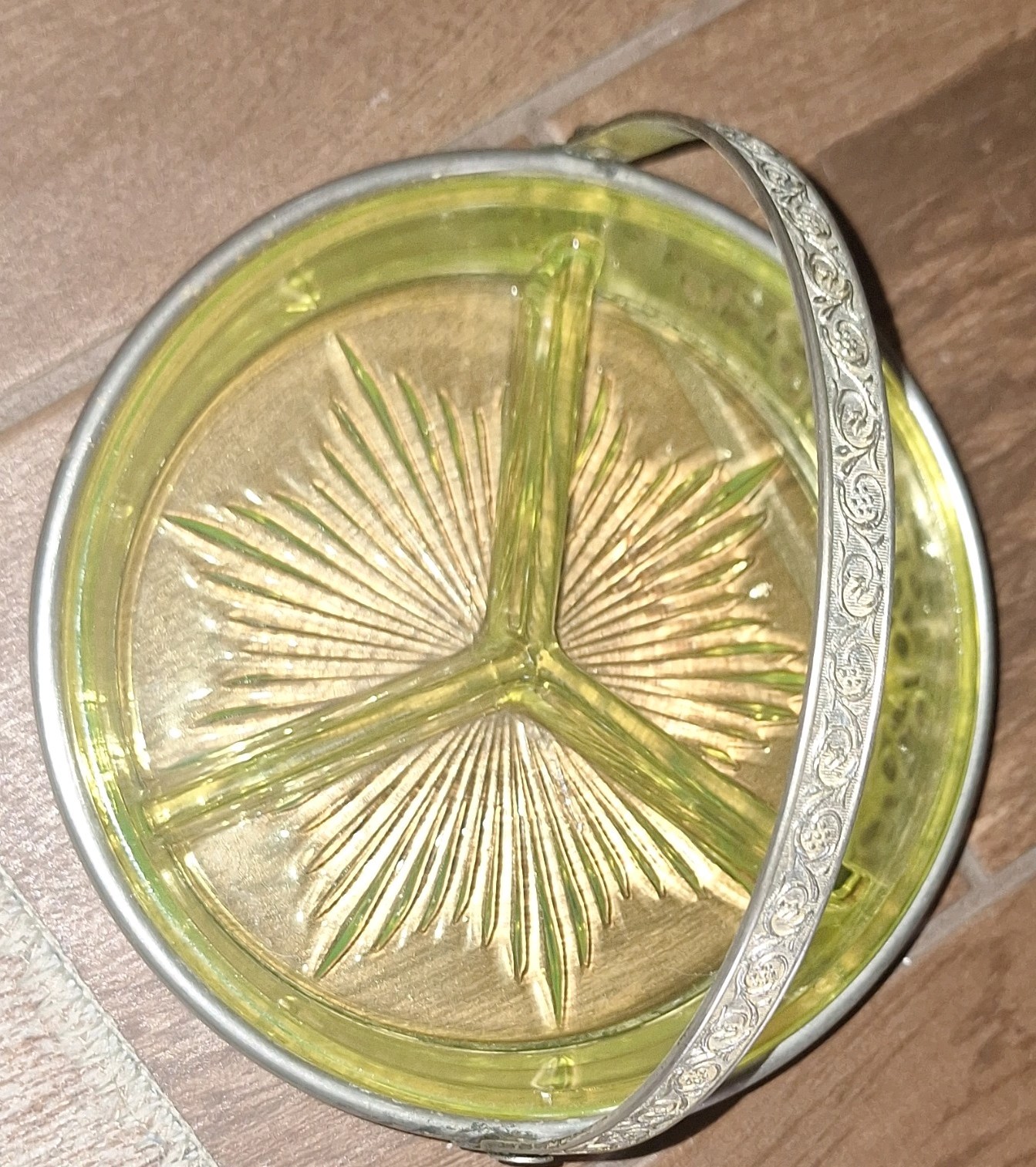 Vintage Chrome & Vaseline Glass Divided Relish Tray UV Reactive Minor Flea BITE