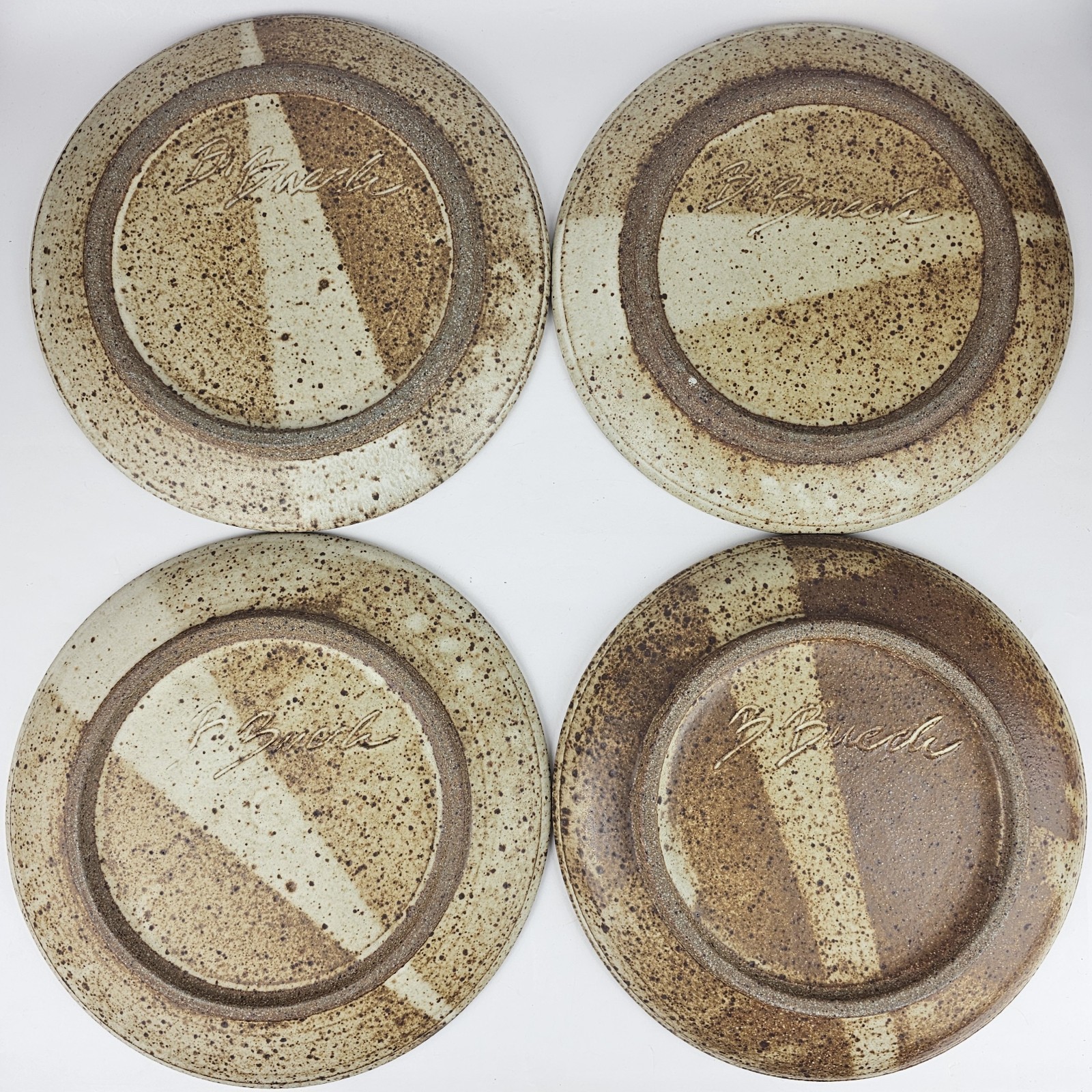 Signed Studio Pottery Abstract Minimalist Glaze Stoneware Dinner Plate Set of 4