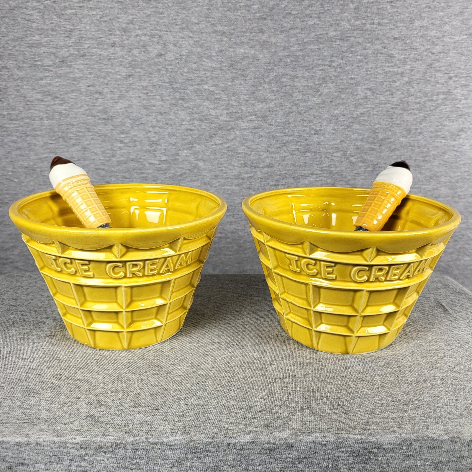 Vintage FTDA Japan Ceramic Ice Cream Cone Bowls With Matching Spoons – Pair