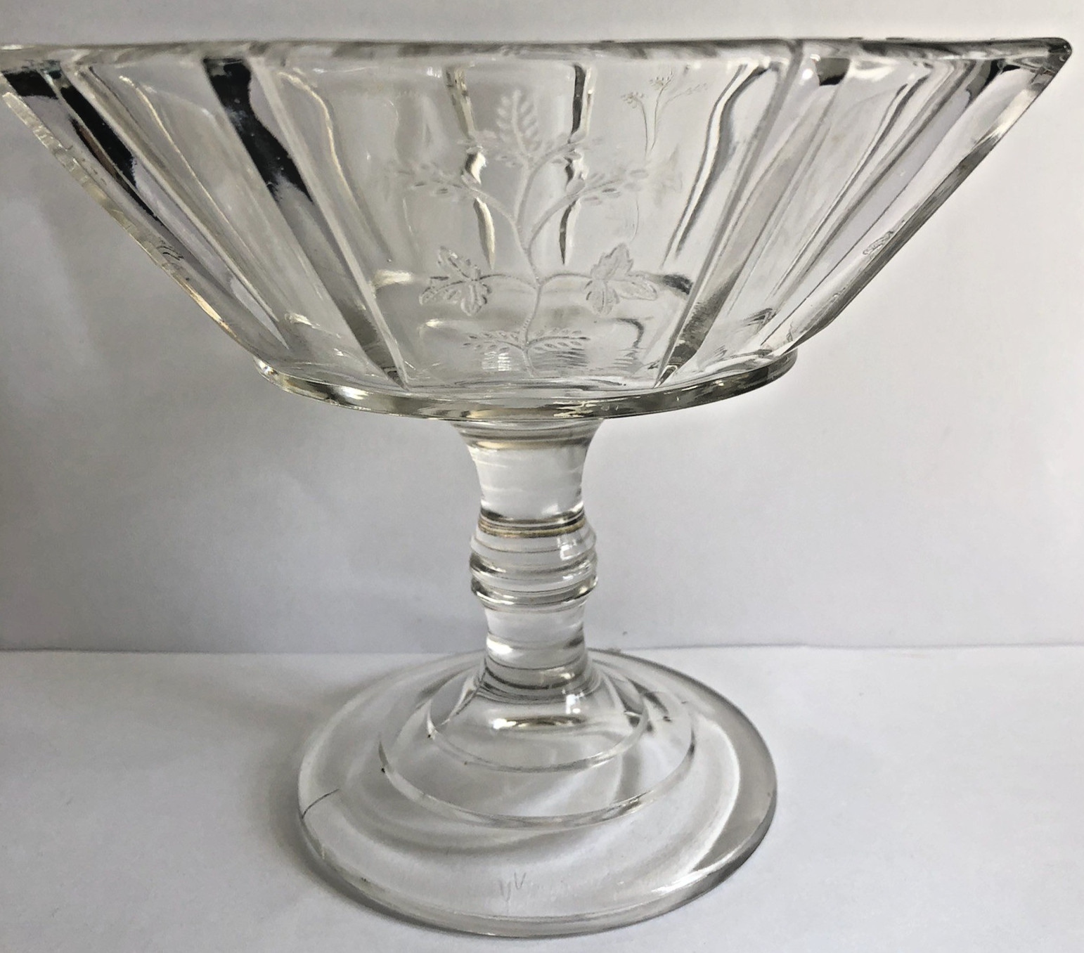 Bryce Higbee Indian Tree Paneled Glass Pedestal Compote 5.5″ EAPG Sprig Pattern