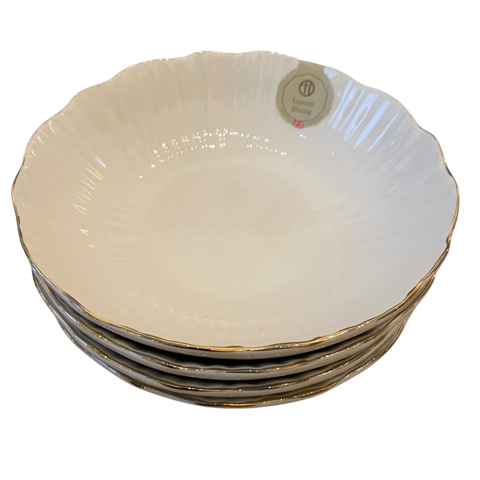 Eaton Fine Dining Porcelain 8.5in Pasta Bowl Set of 4 Aubrey White Gold Trim New