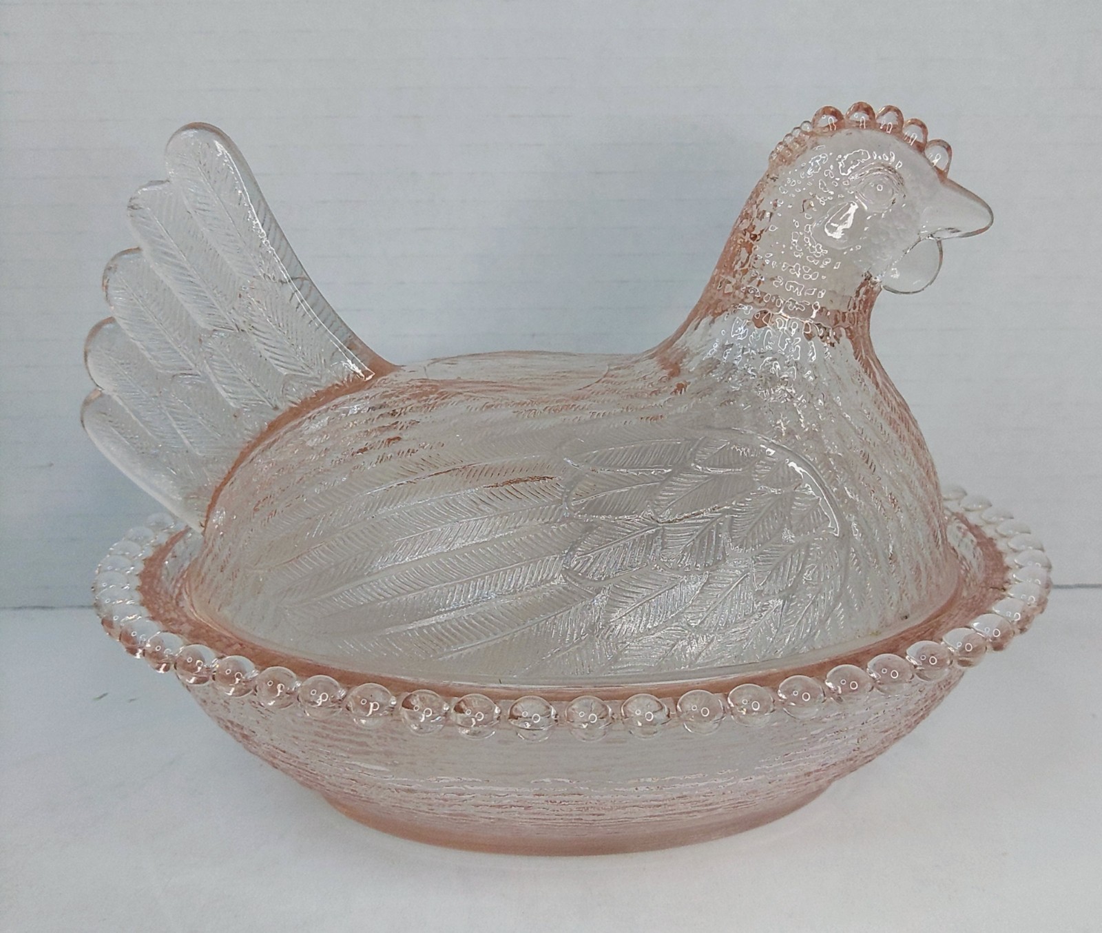 Vintage Indiana Glass Hen On Nest Rare Light Pink Peach MCM HON 7″