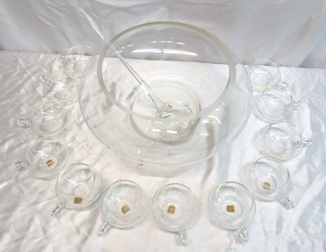 14 Piece Punch Bowl Set w/Ladle Hand Blown Crystal Moderno Riekes Crisa NOS Vtg
