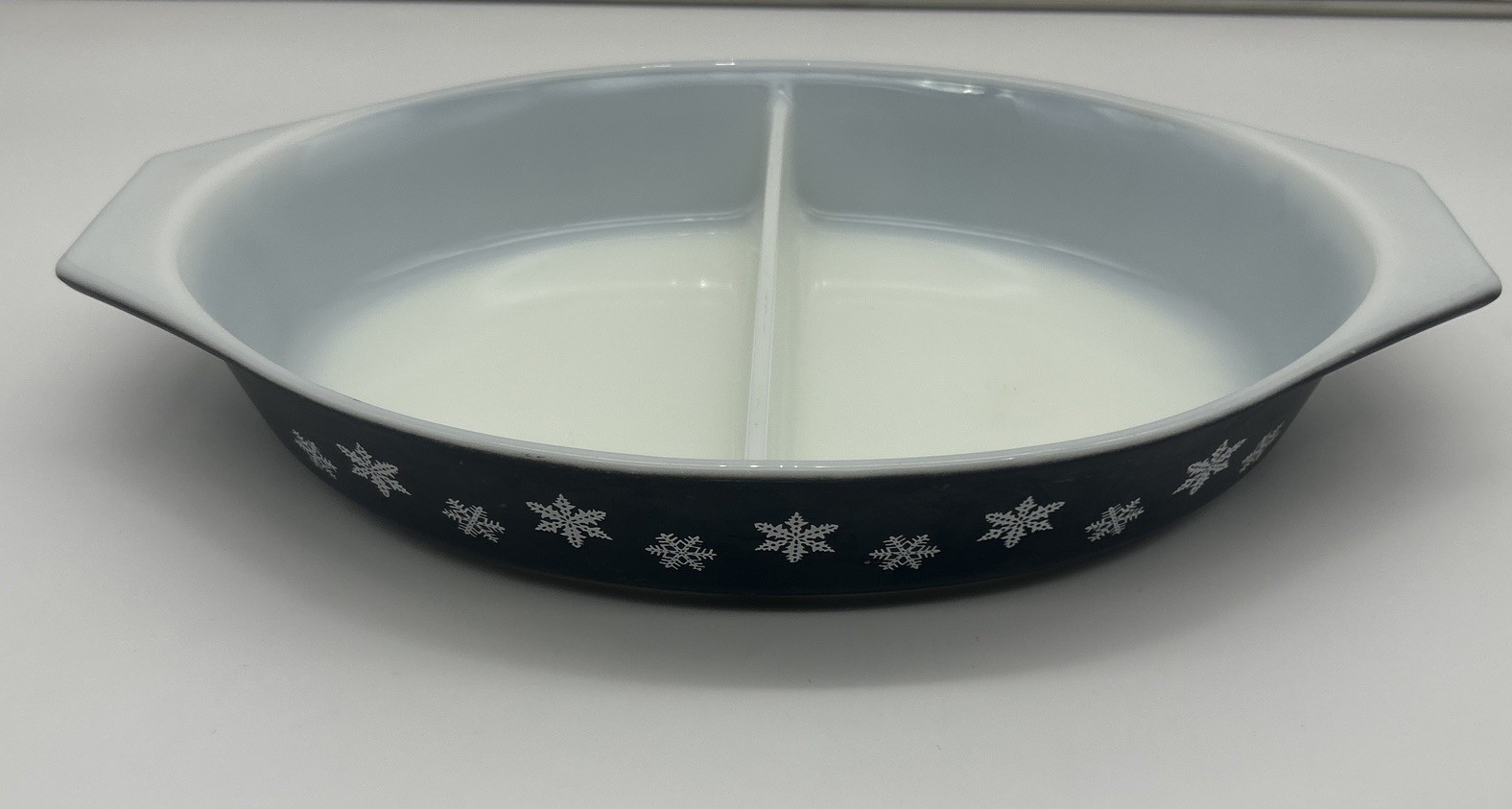 Vintage Pyrex Black Snowflake Divided Casserole Dish 1.5 Qt, No Lid, 1950s