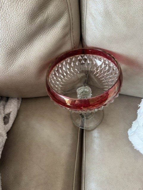 VTG Indiana Glass Diamond Point Ruby Flash Footed Compote/Candy Dish 7.5″x6″