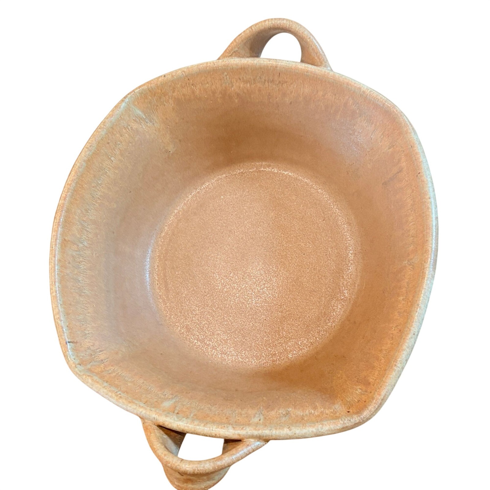 Studio Pottery 12″ Bowl w/ Handles Rustic Brown Stoneware Signed Unique