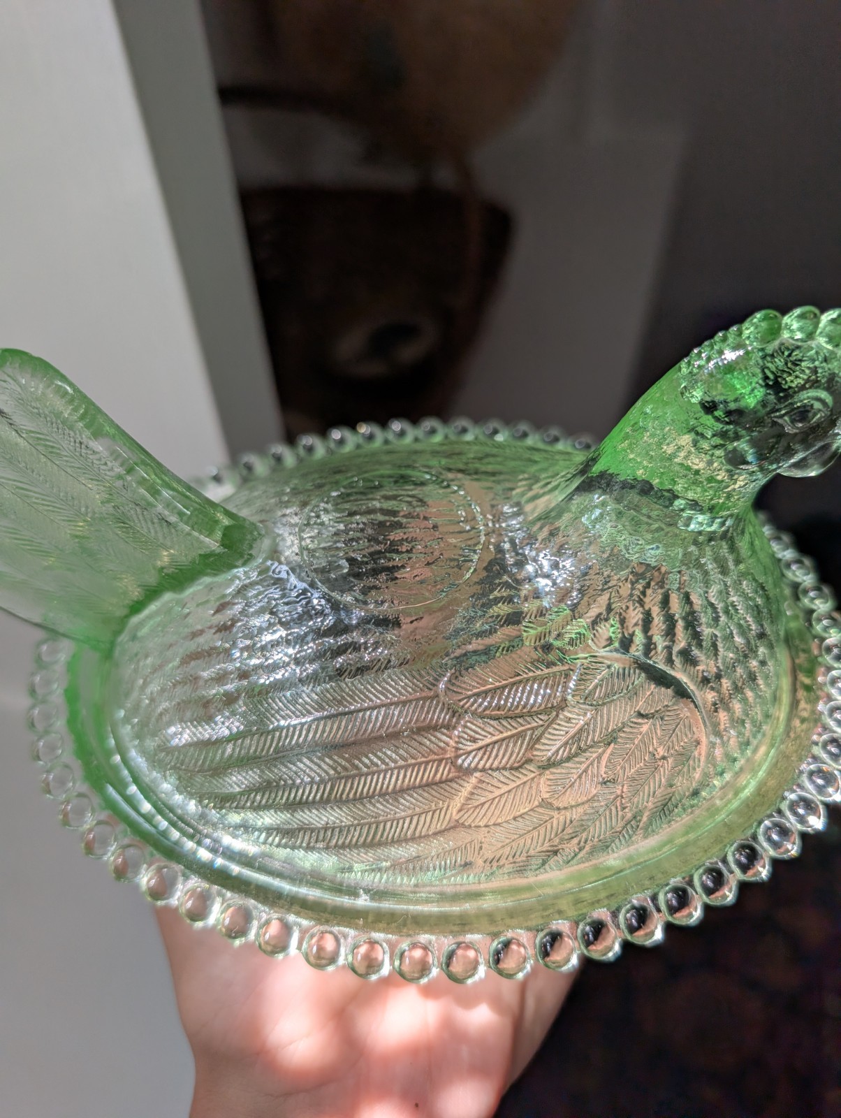 Vintage HTF Indiana Glass Pastel Light Lime Green Hen on Nest Beaded Candy Dish