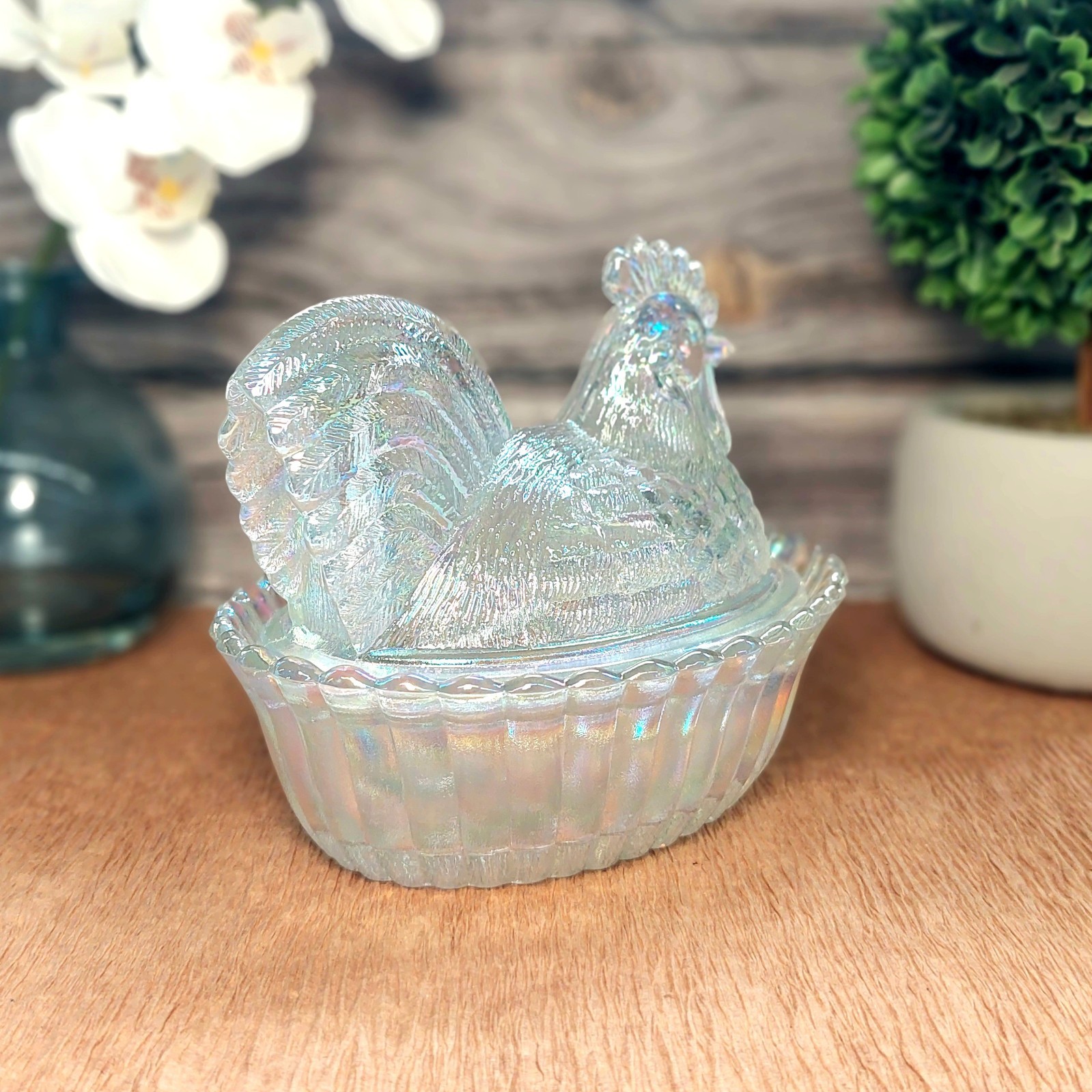 Carnival Glass Rooster Hen on Nest Chicken Candy Dish, Depression Style