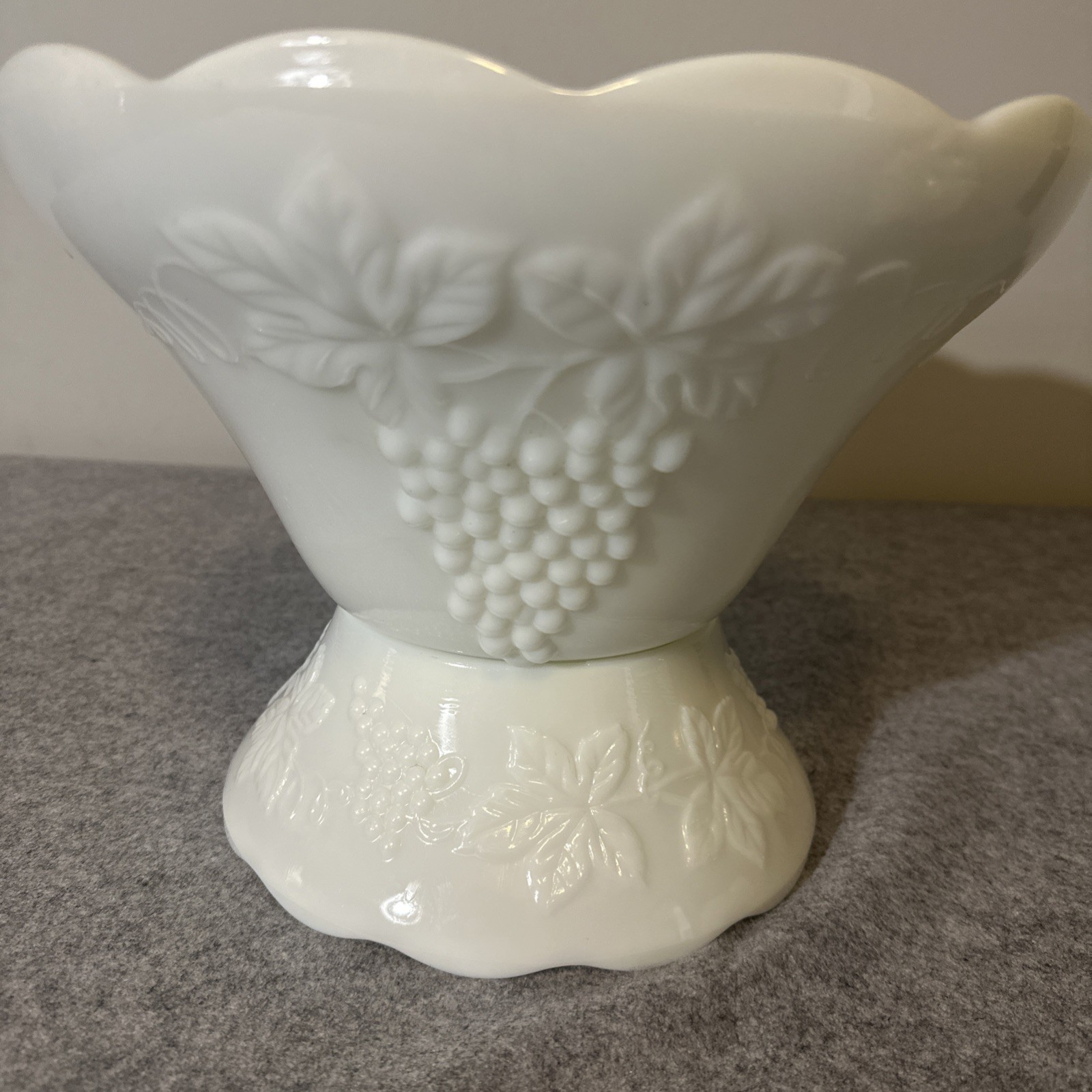 VTG Anchor Hocking Milk Glass Harvest Grape Punch Bowl Set Base 10 Cup Scalloped