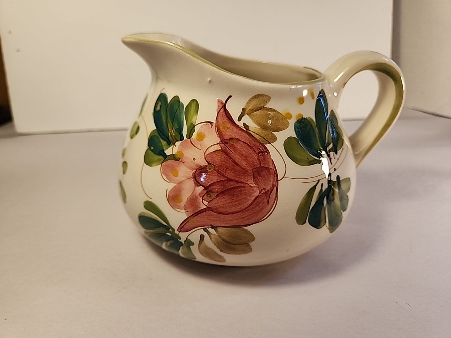 Secla Portugal Pottery Squat Pitcher Hand Painted Floral Vtg Cream Red Green