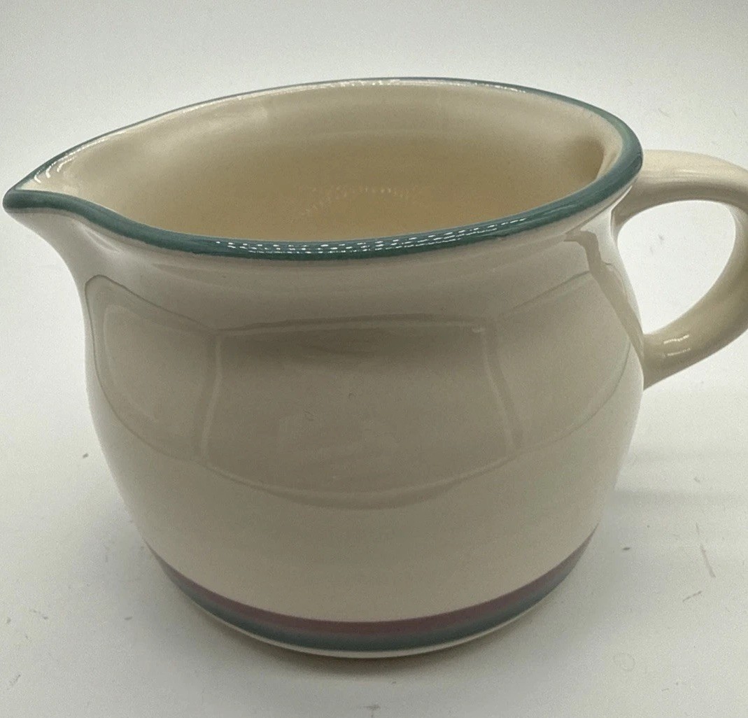 Pfaltzgraff Juniper Creamer Saucer Pitcher Ivory Green / Mauve Bands Made In USA