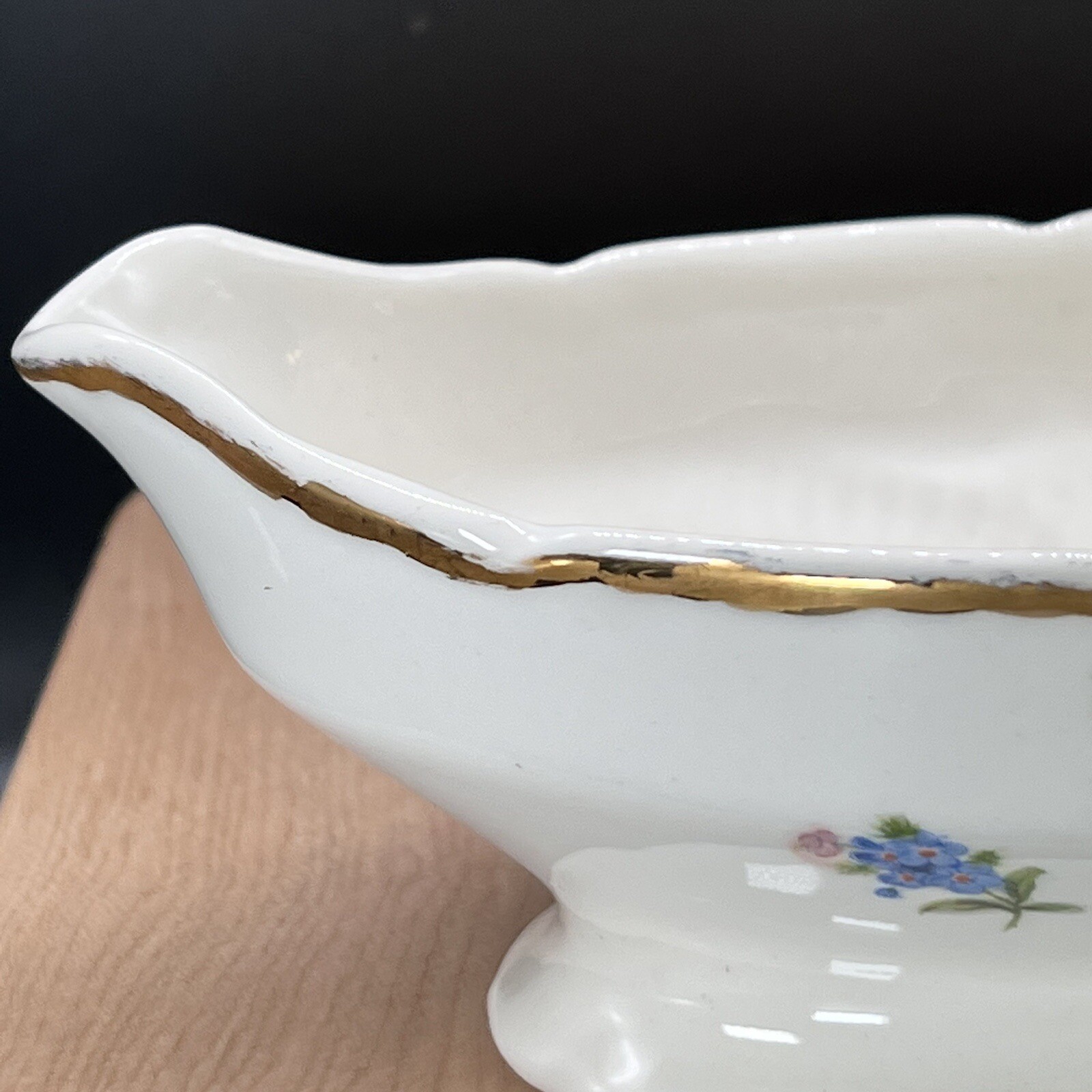 Gravy Boat Gold Trim & Handle Forget Me Nots Floral Vtg Gold Trim Signed F.W.