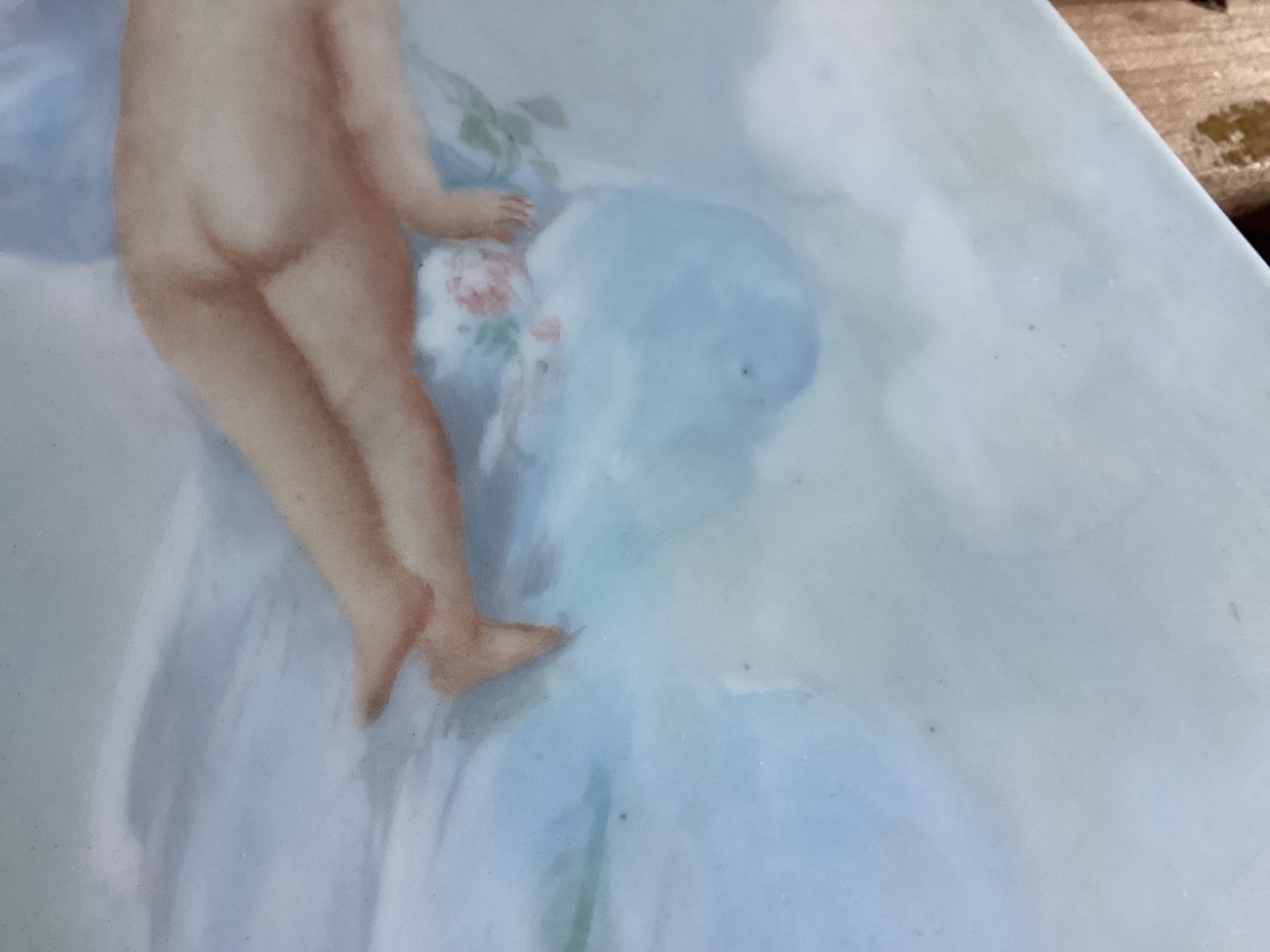 Antique 14×6” T&V Limoges HandPainted Porcelain Tile Plaque Artist Signed Cherub