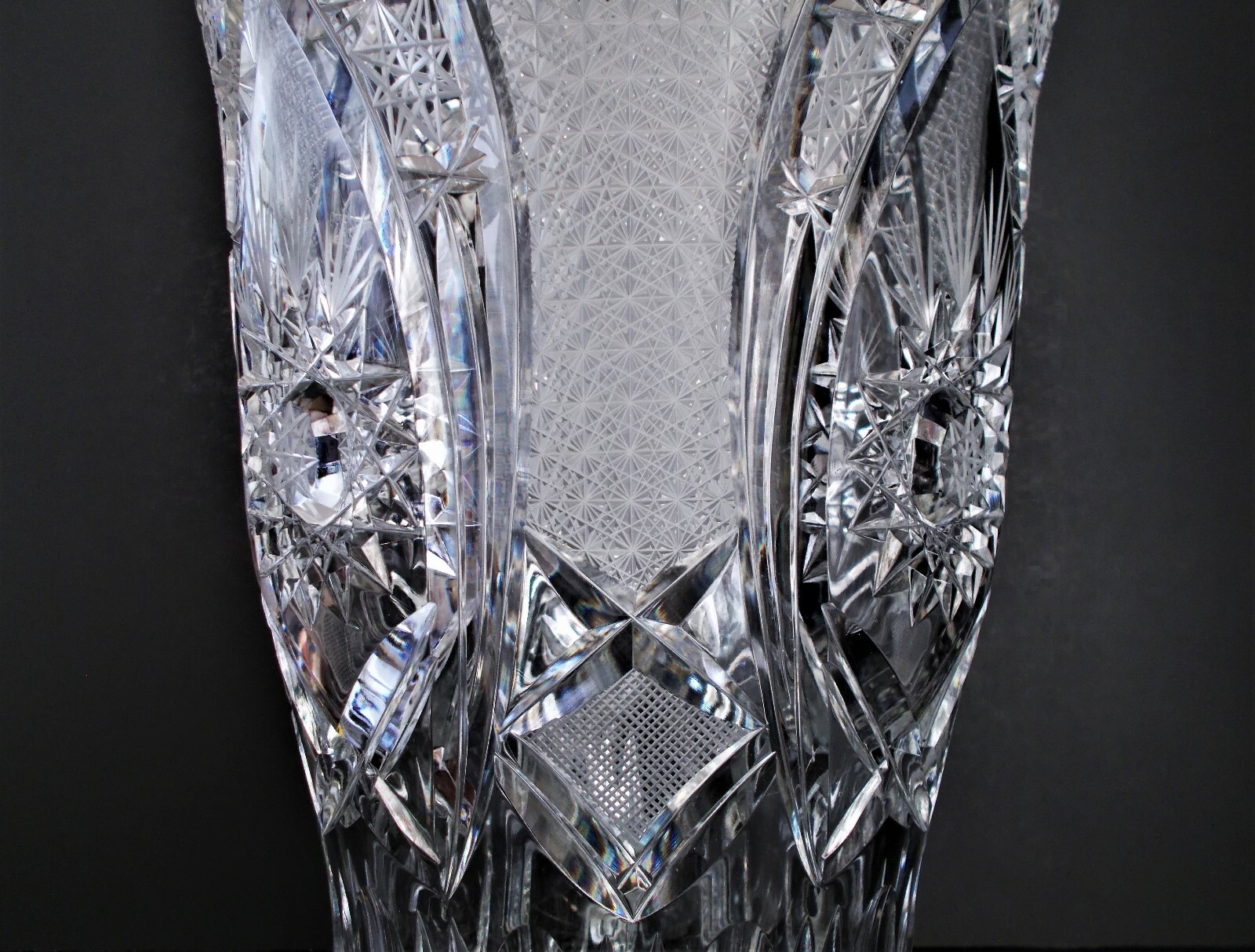 LARGE 16″Tall x 9 1/2″ Top x 5 1/2″ Base ABP Cut Glass Vase – 14 Pounds Heavy