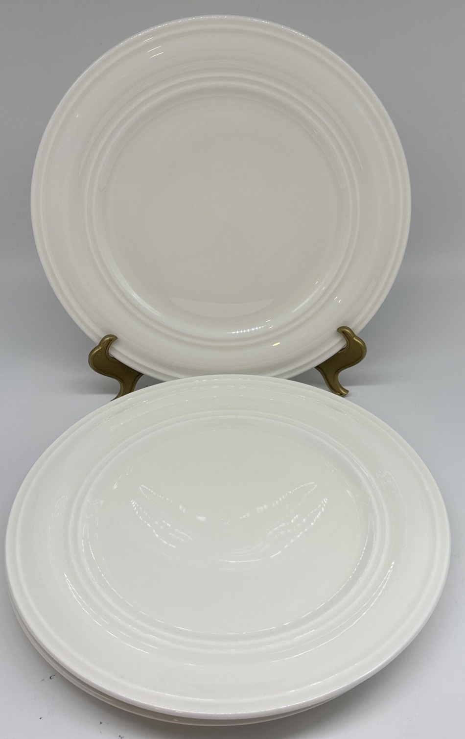 4 Maison Neuve “White” Bone China 10 1/2″ Dinner Plates Embossed Rings Porcelain
