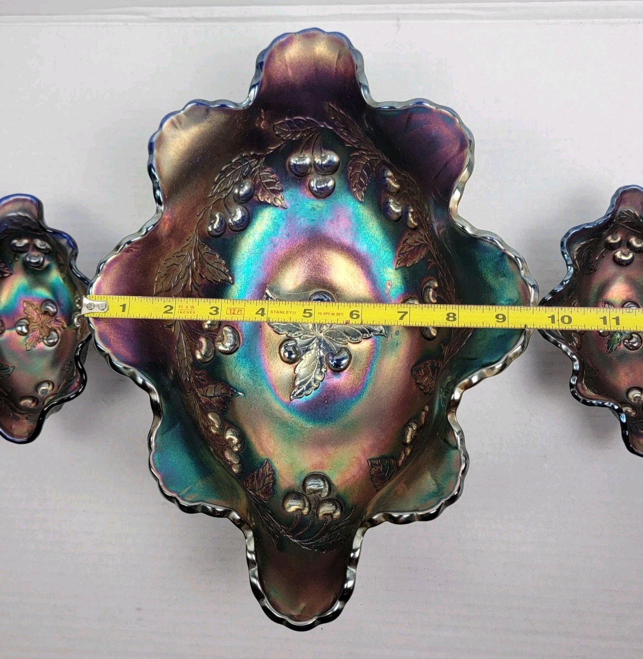Carnival Glass Dugan WREATHED CHERRY Amethyst Oval Bowl Purple Ruffled Lot Of 3