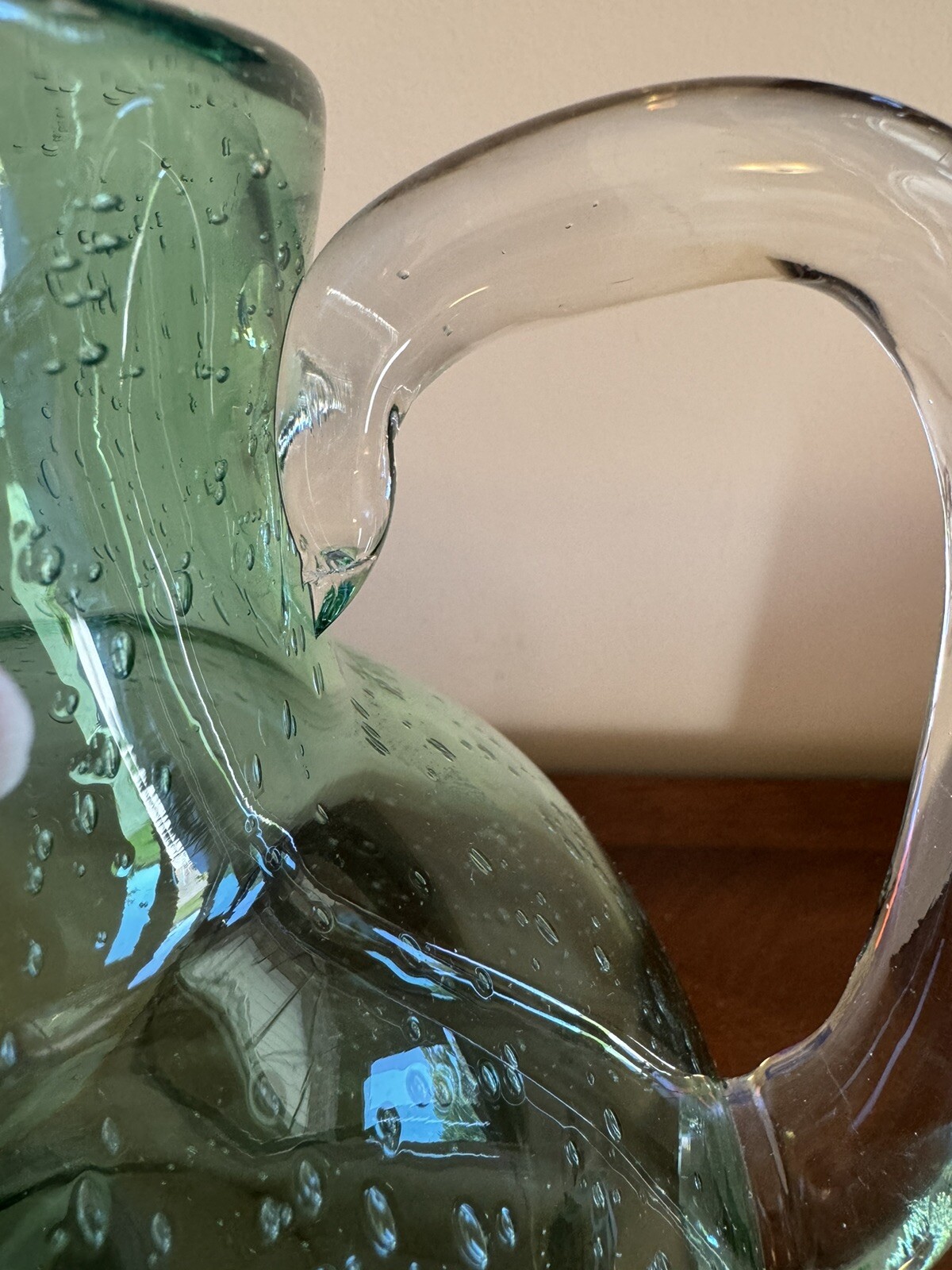 END 7/23 Large Hand Blown Green Bubble Glass Pitcher Heavy Applied Handle Seeded