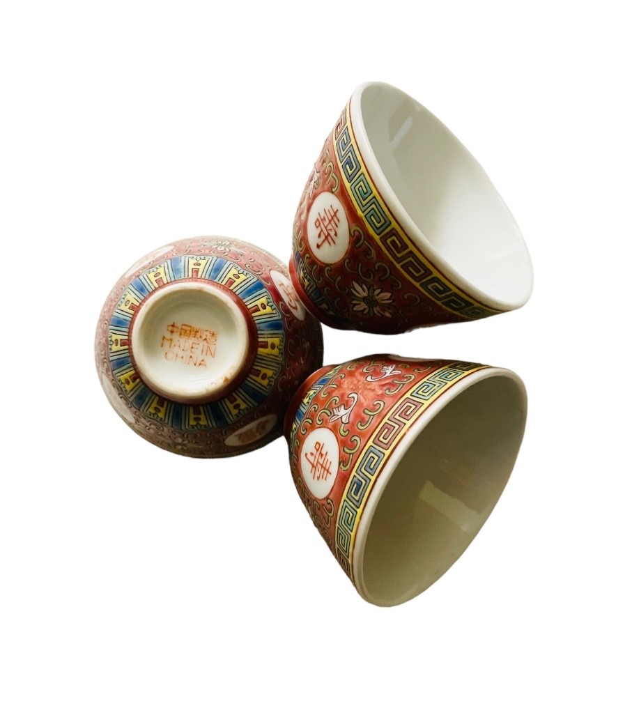 Set Of Three Chinese Red Shou Tea Cups 1970’s Original Production Made In China