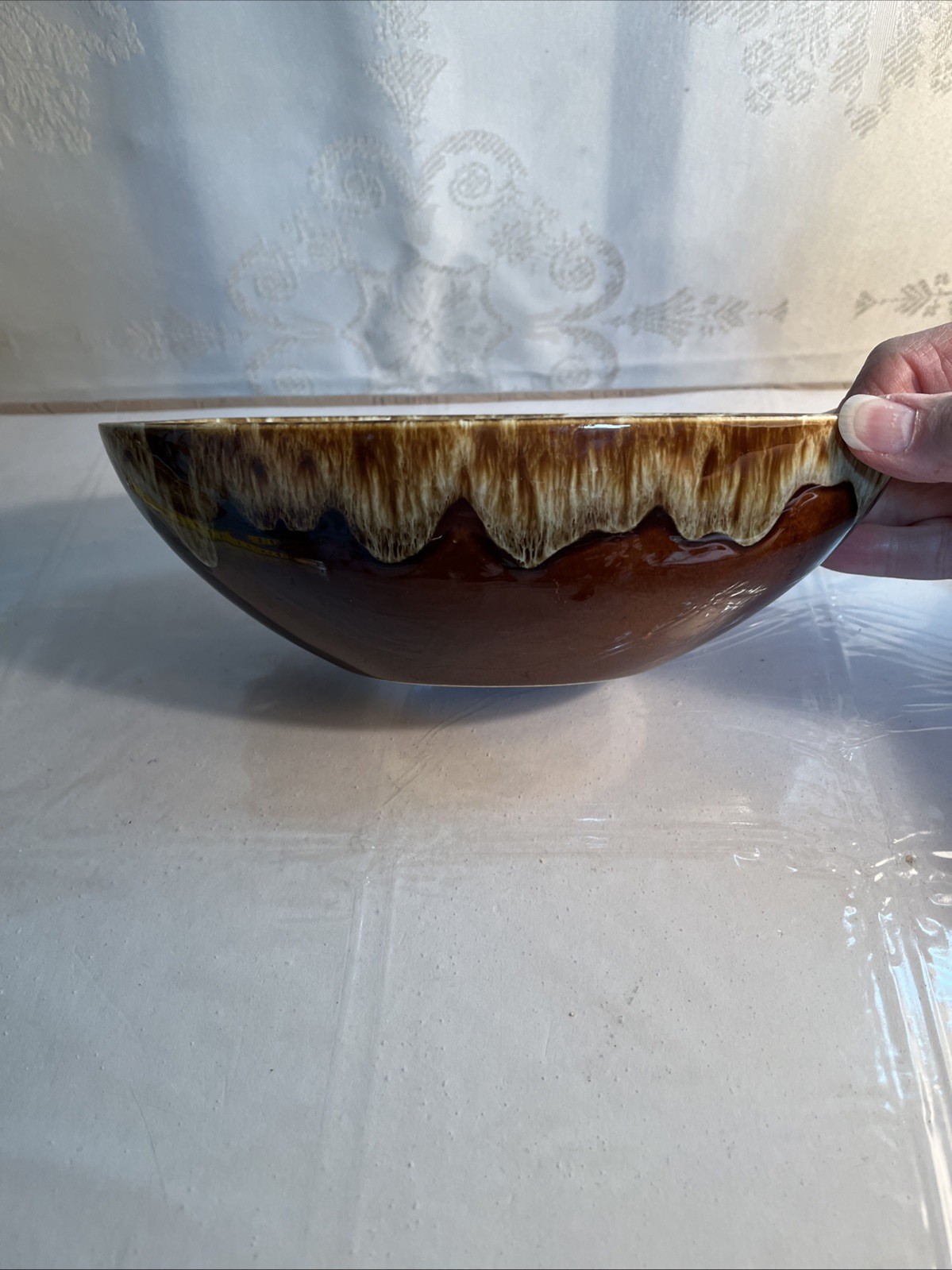 Vintage Brown Drip Glaze Pottery Oval Bowl