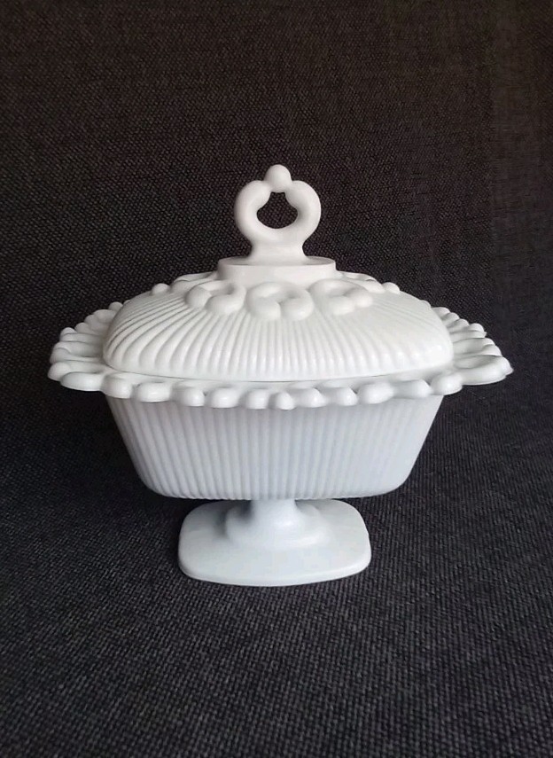 Westmoreland DORIC Ribbed Open Lace Milk Glass Pedestal Compote Bowl with Lid