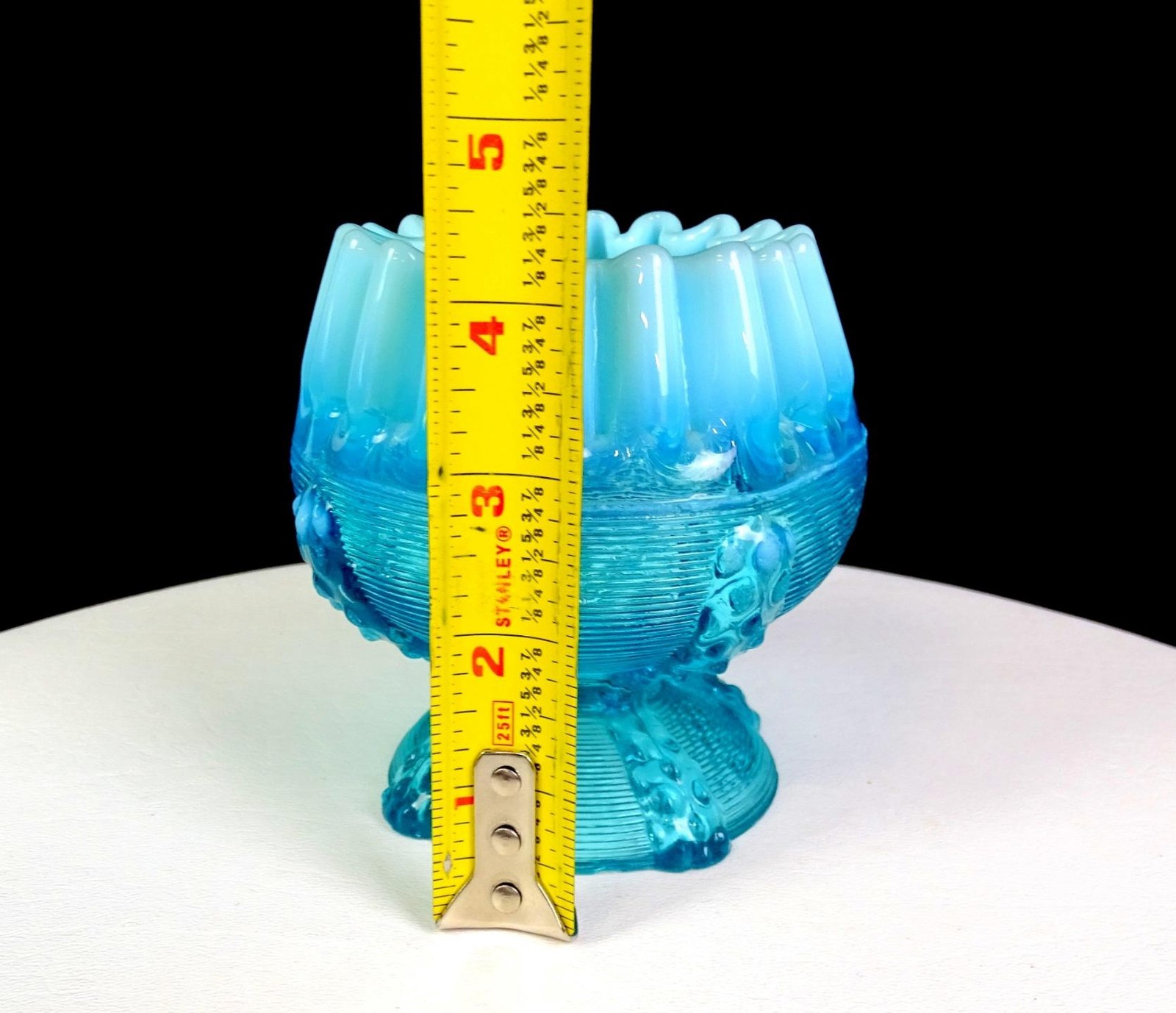 Northwood Glass Blue Opalescent Button Panel Pedestal 4 1/4″ Rose Bowl 1897-1905